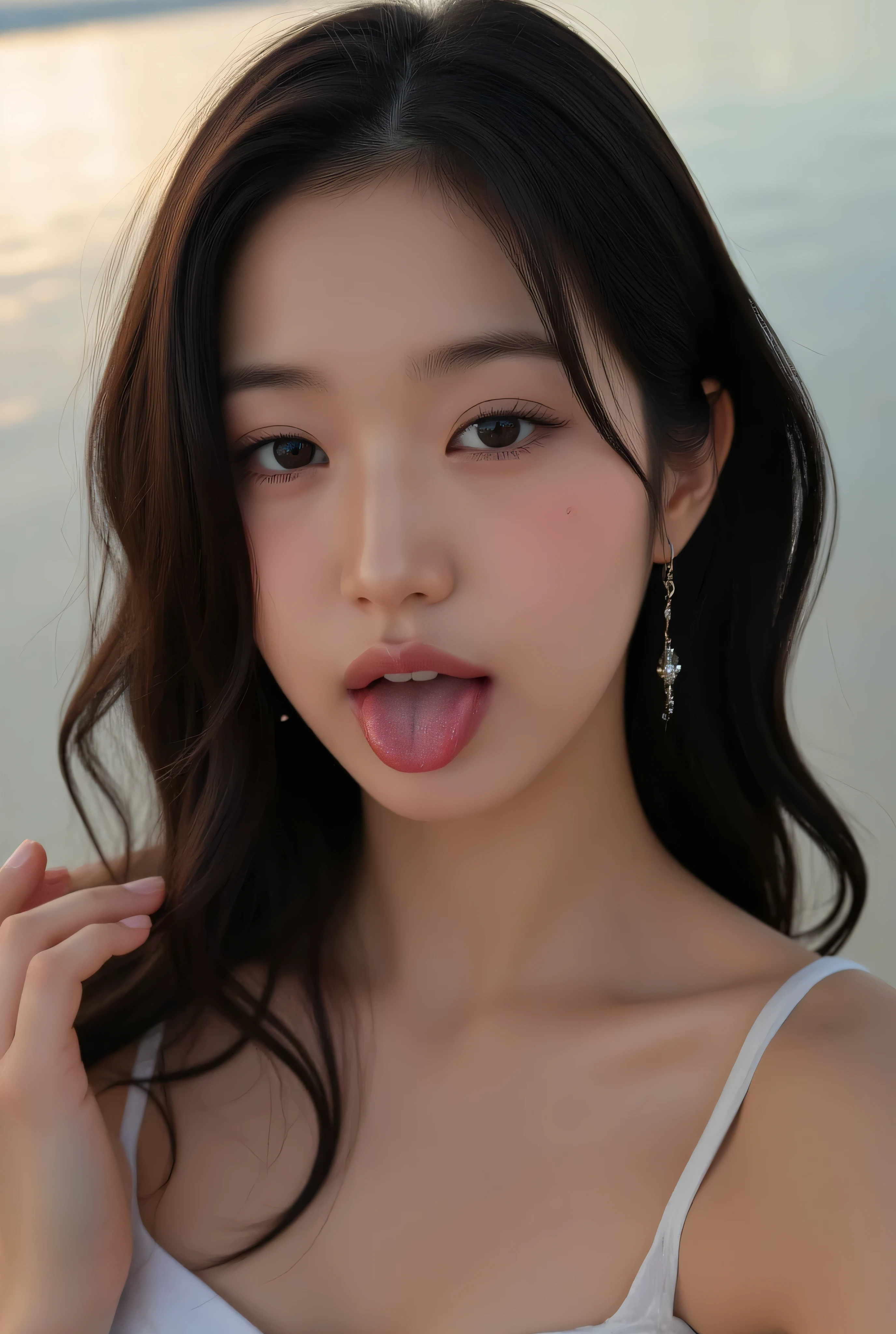 (full body close-up high angle:1.2) a selfie photo of her naked and sticking out her tongue on a sandy beach. Drool is spilling, dripping from my mouth down my chin. A picture of an angle from above、 selfie、I'm being grabbed by someone's head with both hands((gesture of putting one's hand at the mouth)、((beautiful wet wavy black hair with one side long hair hanging over one ear))、perfect style、((An erotic expression with empty eyes sticking out one's tongue))、 beautiful décolletage、Beautiful armpits、beautiful large breasts、 beautiful white wet skin and hair, Light makeup、 Beautiful pale eyes , nudist lips、 in white for summer very detailedな顔 , realistic skin and texture , Dramatic Lighting , White and glowing skin , , Cinematic angles , ((The background is the edge of a white sandy beach with the sunset shimmering on the surface of the water at dusk)) 、The flashes of the sunset highlight her hair and silhouette、Romantic and fantastic atmosphere、chiaroscuro lighting、 Warm shade palette , Sensual Atmosphere、masterpiece, is anatomically correct, Ultra High Definition, textured skin, accurate, has won many awards, high detail, high quality, in white for summer very detailed,