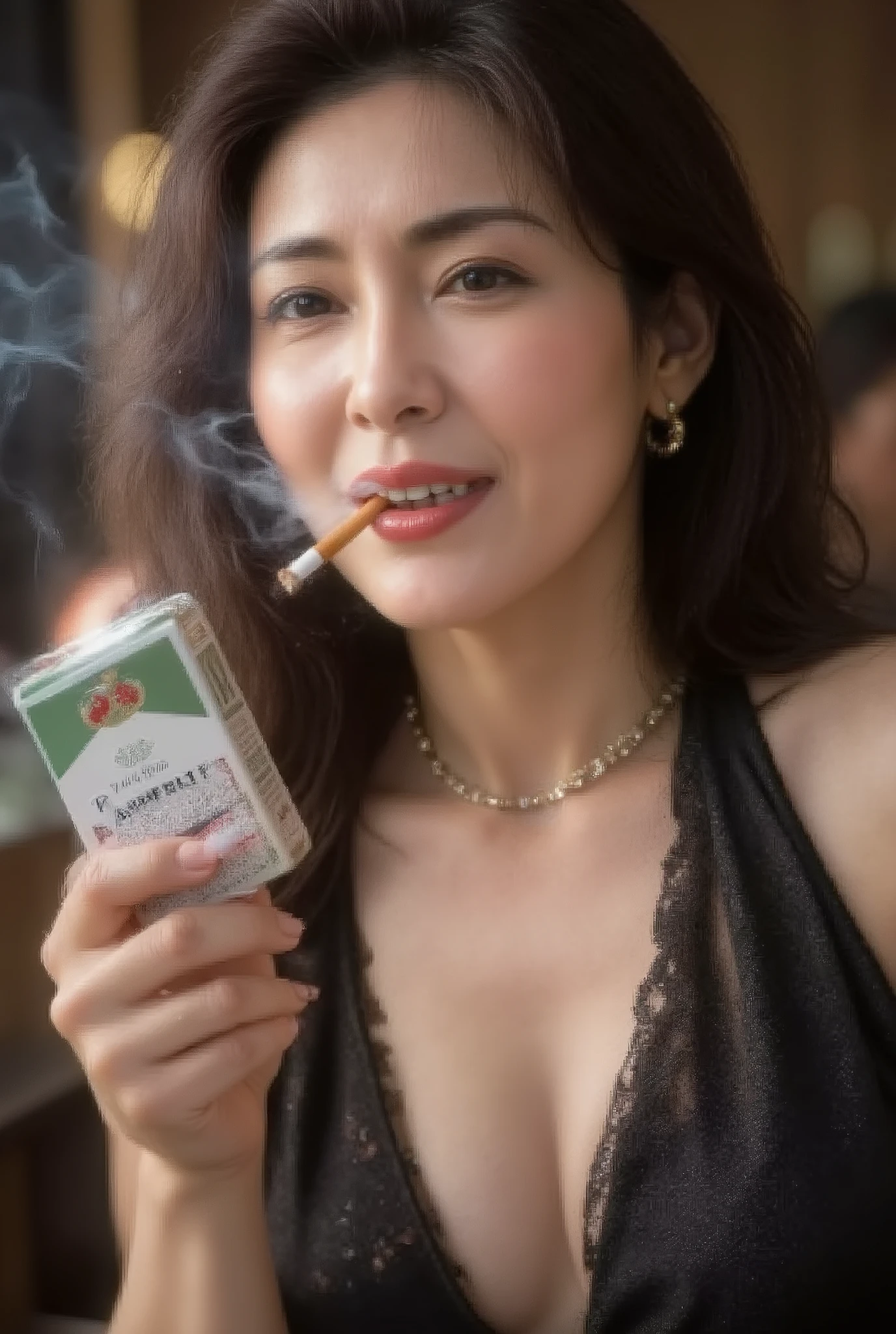 Beautiful 45 year old mature woman (smoking: 0.8), (holding a cigarette in her mouth), ((((hyper-realistic image of a green and white Marlboro Menthol box))), ((holding a Marlboro Menthol box in her hand)), ((holding a Marlboro Menthol box in her breast pocket), ((holding a green and white Marlboro Menthol box between her chest and cleavage), ((((ultra-detailed, exquisite detail, ultra-clear, ultra-high resolution, high definition, exquisite detail, exhaling smoke from her mouth and nose)))), pink Marlboro box standing, (Chanel jacket), ((ultra-detailed, exquisite detail, high detail, major detail, ultra-high quality, high resolution, exquisite, holding a brown filter cigarette with lipstick in her mouth)), ((blowing cigarette smoke into her face, secretly beginning to smoke, lighting the cigarette and beginning to smoke)), ((hostess)). ashtray butt, ((pouring fine liquor)), ((Drinking alone)), Downtown club, ((((A 660ml bottle of Suntory VSOP Frosty is on the table)))), ((A very sparkly black dress)), Alluring, Wearing a gold necklace, Slim and toned waist, Smiling at the audience: 1, 2, ((Stylish nails)), Super long brown hair, Highly detailed face and skin texture, Fine grain, Double eyelids, Sexy, ((Full body)), ((Cabaret)), ((A sparkling, unreal world)), Fingers with red nail polish, ((Slightly swollen breasts)), Looks like she's about to cry, Fresh and clean skin, Red glossy lips, Small mouth, ((Depth of drawn border 1, 2)),
