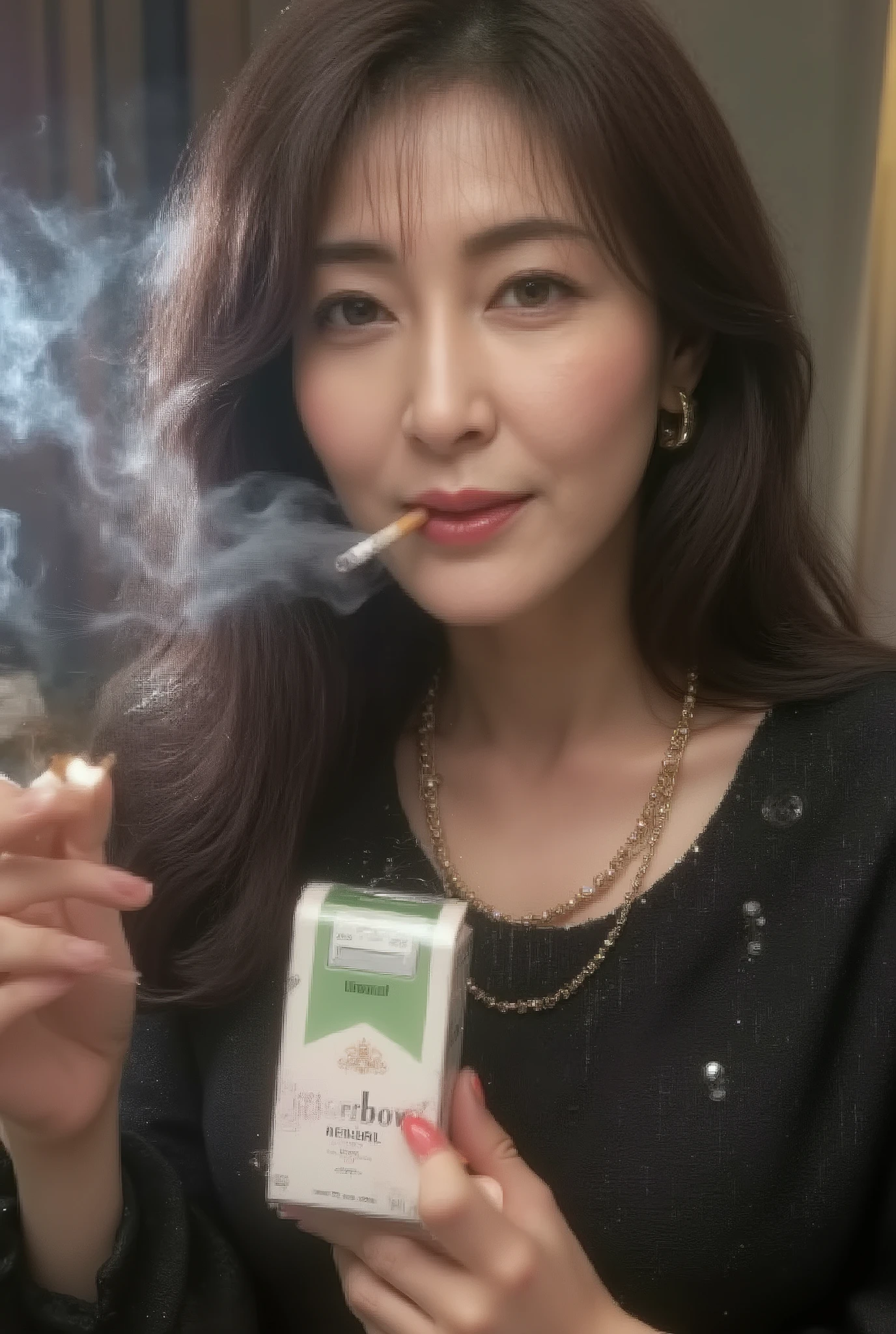 Beautiful 45 year old mature woman (smoking: 0.8), (holding a cigarette in her mouth), ((((hyper-realistic image of a green and white Marlboro Menthol box))), ((holding a Marlboro Menthol box in her hand)), ((holding a Marlboro Menthol box in her breast pocket), ((holding a green and white Marlboro Menthol box between her chest and cleavage), ((((ultra-detailed, exquisite detail, ultra-clear, ultra-high resolution, high definition, exquisite detail, exhaling smoke from her mouth and nose)))), pink Marlboro box standing, (Chanel jacket), ((ultra-detailed, exquisite detail, high detail, major detail, ultra-high quality, high resolution, exquisite, holding a brown filter cigarette with lipstick in her mouth)), ((blowing cigarette smoke into her face, secretly beginning to smoke, lighting the cigarette and beginning to smoke)), ((hostess)). ashtray butt, ((pouring fine liquor)), ((Drinking alone)), Downtown club, ((((A 660ml bottle of Suntory VSOP Frosty is on the table)))), ((A very sparkly black dress)), Alluring, Wearing a gold necklace, Slim and toned waist, Smiling at the audience: 1, 2, ((Stylish nails)), Super long brown hair, Highly detailed face and skin texture, Fine grain, Double eyelids, Sexy, ((Full body)), ((Cabaret)), ((A sparkling, unreal world)), Fingers with red nail polish, ((Slightly swollen breasts)), Looks like she's about to cry, Fresh and clean skin, Red glossy lips, Small mouth, ((Depth of drawn border 1, 2)),