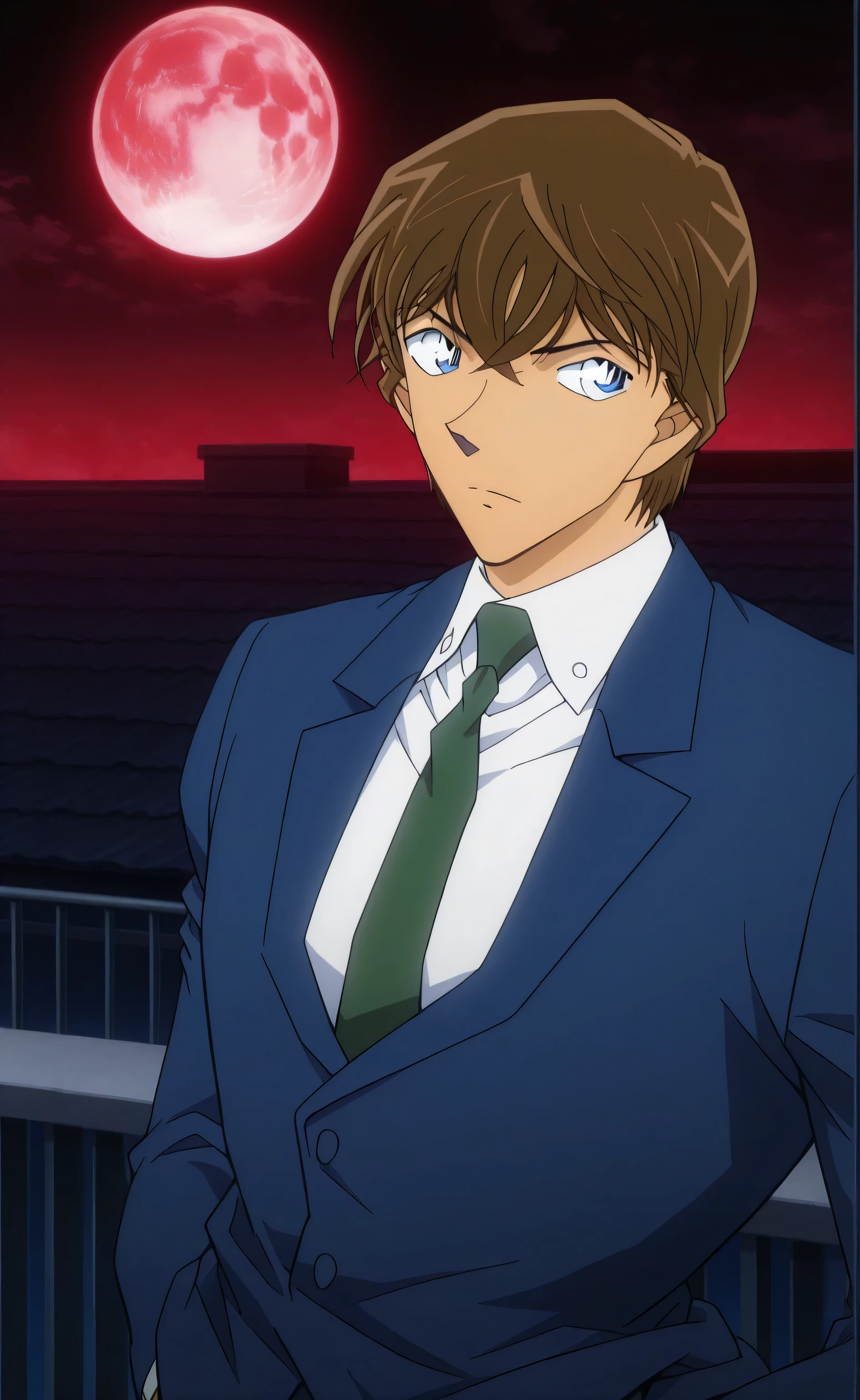 1male, solo, Light Yagami, brown hair, short hair, blue eyes, blue suit, white shirt, green necktie, hand in pocket, muscle, rooftop, night, red moon, portrait, Detective Conan Style