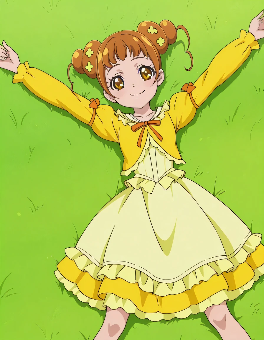 Alice, brown_hair, hair bun, double bun, hair_ornaments, brown eyes, small , yellow shirt, dress,  anime screencap, high quality, solo, lying, on back, arms up, , closed mouth,  grass, cowboy shot, looking at viewer, smile, best quality