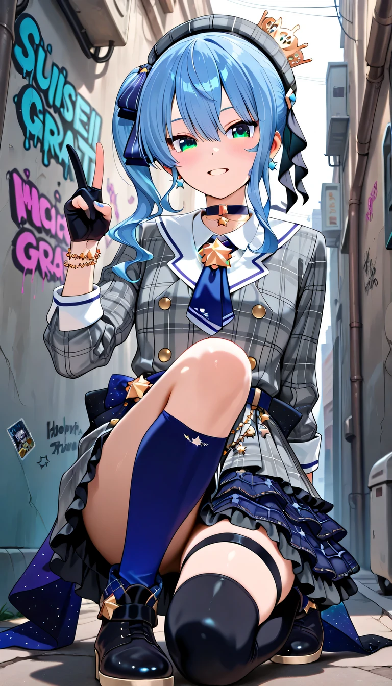 Hoshimachi Suisei, blue eyes, blue hair, side ponytail, plaid beret, crown, blue star choker, star earrings, blue ascot, plaid jacket, grey jacket, white sailor collar, plaid skirt, grey skirt, layered skirt, blue skirt, partially fingerless gloves, star bracelet, uneven legwear, thigh strap, Alley with graffiti, , v over eye, looking at viewer, moving one knee, rear view, bottom view,