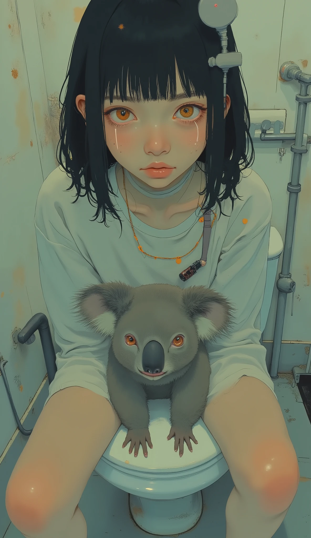 Closeup photo of a person sitting on a toilet with a koala, 80s wet pussy , 90s Anime Style, Short wavy hair with volume、9 0 s Anime aesthetics, 90s Anime Style, 90s Anime Style, wet pussy, 2D animation style close to the figure of a beast, illustration inspired by decoration , 80s Anime Style, 80s anime art style, Anime aesthetics