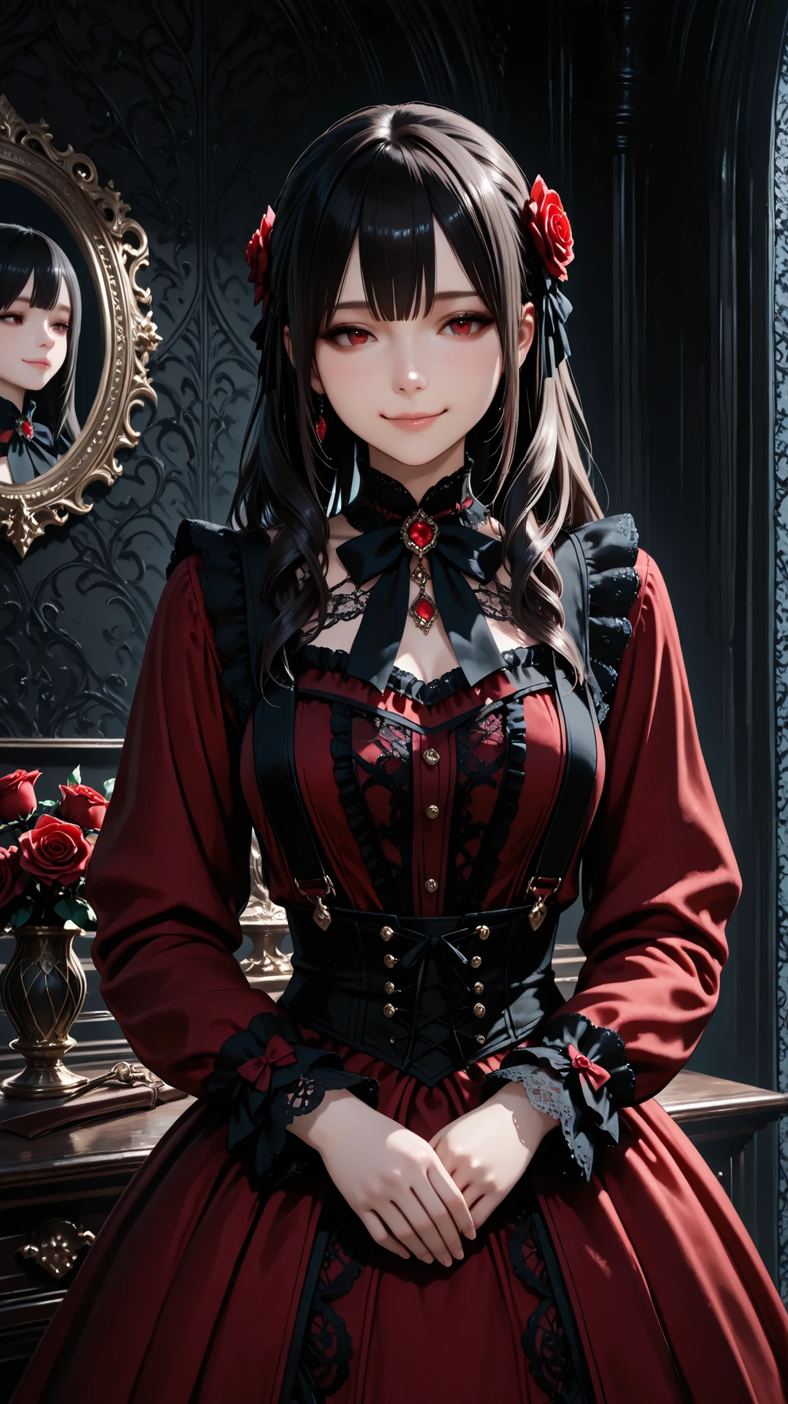 cute girl with swirling hair on the right, wearing a red dress , Little Dragon in a black tuxedo , intricate lace and frills , victorian costume , big roses , cute gothic doll , intricate lace and frills , Dark color scheme, Elegant and detailed costume, kind expression,gentle smile, Dark Theme, between the thrones,Overall view of a giant dragon in the distance,
Fantasy Style, Delicate Accessories , magical atmosphere,fine-grained,semi-realistic in a vast universe,Wonderful,clear image,intricate details,Highly Detailed CG Unity 8K Wallpaper,Wonderful,clear image,Air Generation,AI Assisted ,masterpiece,3D, Highest Quality, high resolution,