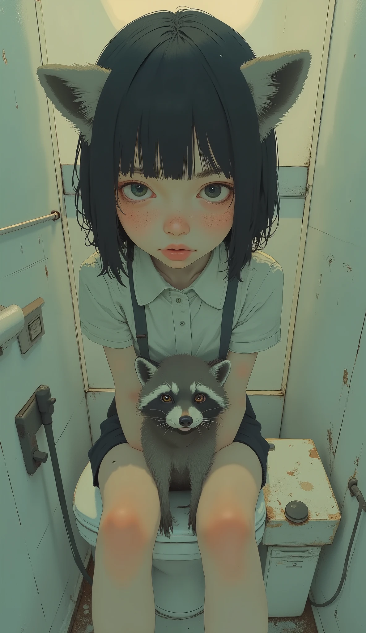 Closeup photo of a person sitting on a toilet with a raccoon, 80s wet pussy , 90s Anime Style, Short wavy hair with volume、9 0 s Anime aesthetics, 90s Anime Style, 90s Anime Style, wet pussy, 2D animation style close to the figure of a beast, illustration inspired by decoration , 80s Anime Style, 80s anime art style, Anime aesthetics