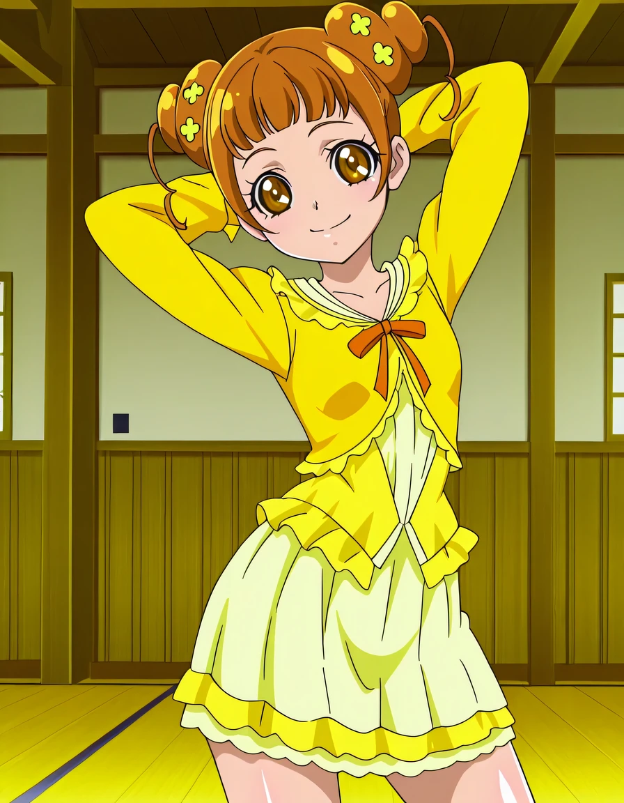 Alice, brown_hair, hair bun, double bun, hair_ornaments, brown eyes, small , yellow shirt, dress, anime screencap, high quality, solo, shiny skin, dojo, indoors, arms behind head, (contrapposto), closed mouth, smile, cowboy shot, looking at viewer, best quality