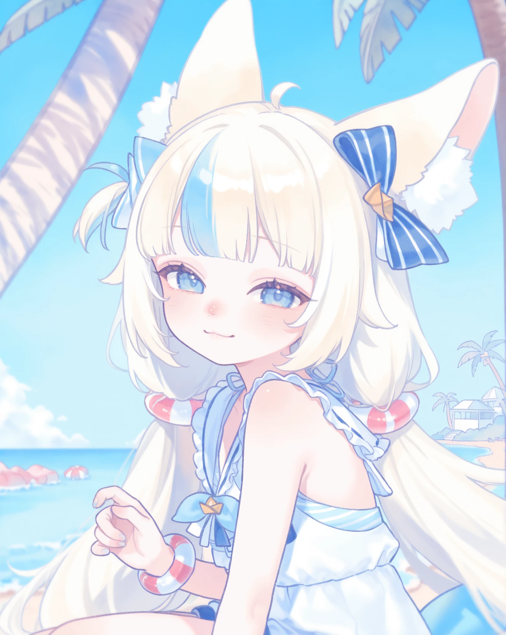 front viewer, 8k, watercolor style, ((pastel colors, soft colors)), (masterpiece), close-up upper body, hyper detailed, best quality, sameko saba, detailed nose, small lolita, wide waist, cat ears, background beach, sitting, palm tree, tail, big smile, ((hands with open finger)),
