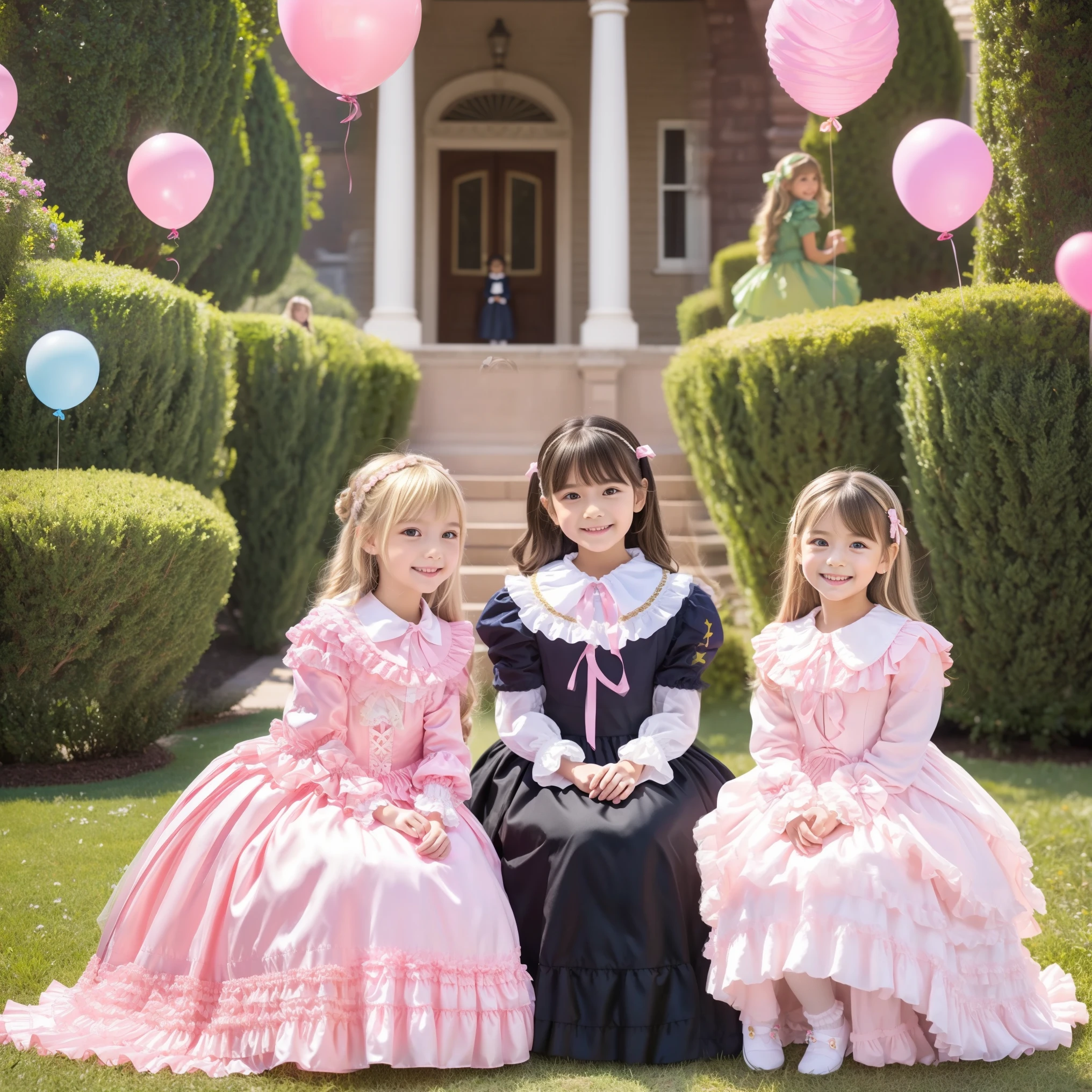 (( Distant Scenery,full body:1.0)),Highest Quality, masterpiece, highest resolution, Artwork, super それにget used to it, many get used to it, get used to it, それにget used to it, 3k photos,,Three Ladies from a Noble Family,. ((10 year old European girl,blonde long hair:1.3)),Get used to the ultra-fine young face,lovely smile,baby-like face,ultra high res,  complicated details,  Back hair tied with ribbons,smile,pastel colored dress cutely adorned with ruffles and pink ribbons, （round large ruffle collar,bow tie,long sleeve, ruffle sleeve ,white ruffle blouse,Ruffle placket,Ruffles are cute ,medium skirt,balloon skirt,frill skirt,Very elaborate costumes:1.2,）Long Black Socks with Ruffles,black loafers,small breasts, round fluffy hoop skirt,,sitting across an indoor yoga ball, outdoor,detailed background,