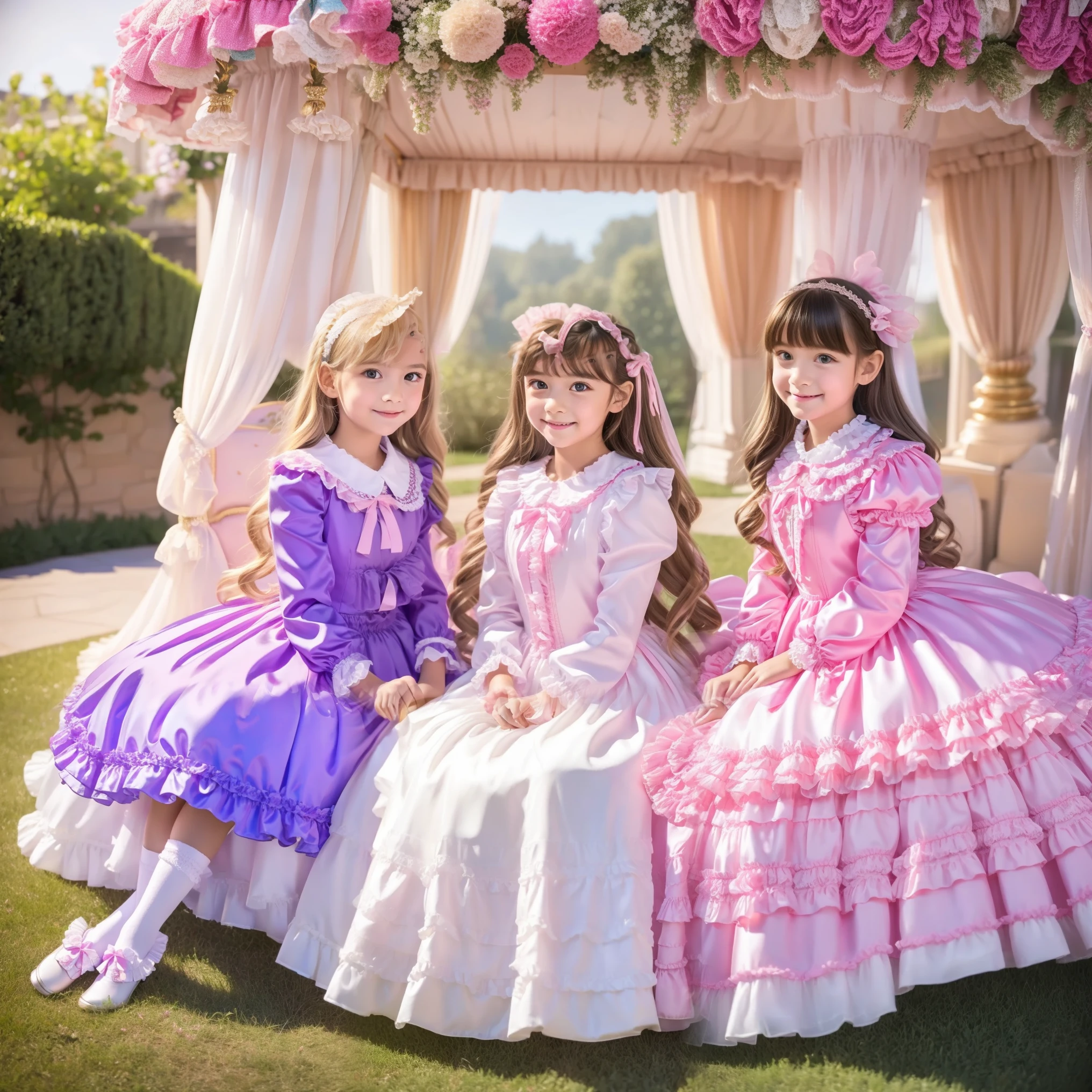 (( Distant Scenery,full body:1.0)),Highest Quality, masterpiece, highest resolution, Artwork, super それにget used to it, many get used to it, get used to it, それにget used to it, 3k photos,,Three Ladies from a Noble Family,. ((10 year old European girl,blonde long hair:1.3)),Get used to the ultra-fine young face,lovely smile,baby-like face,ultra high res,  complicated details,  Back hair tied with ribbons,smile,pastel colored dress cutely adorned with ruffles and pink ribbons, （round large ruffle collar,bow tie,long sleeve, ruffle sleeve ,white ruffle blouse,Ruffle placket,Ruffles are cute ,medium skirt,balloon skirt,frill skirt,Very elaborate costumes:1.2,）Long Black Socks with Ruffles,black loafers,small breasts, round fluffy hoop skirt,,sitting across an indoor yoga ball, outdoor,detailed background,