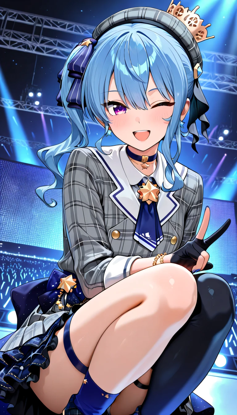 Hoshimachi Suisei, blue eyes, blue hair, side ponytail, plaid beret, crown, blue star choker, star earrings, blue ascot, plaid jacket, grey jacket, white sailor collar, plaid skirt, grey skirt, layered skirt, blue skirt, partially fingerless gloves, star bracelet, uneven legwear, thigh strap, concert, wink, V over eye, legs together, squat, panties, :D