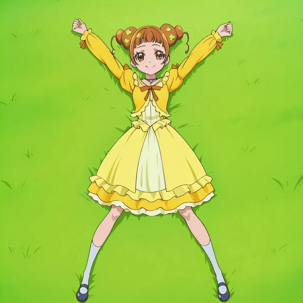 Alice, brown_hair, hair bun, double bun, hair_ornaments, brown eyes, small , yellow shirt, dress,  anime screencap, high quality, solo, lying, on back, arms up, , closed mouth, grass, full body, looking at viewer, smile, best quality