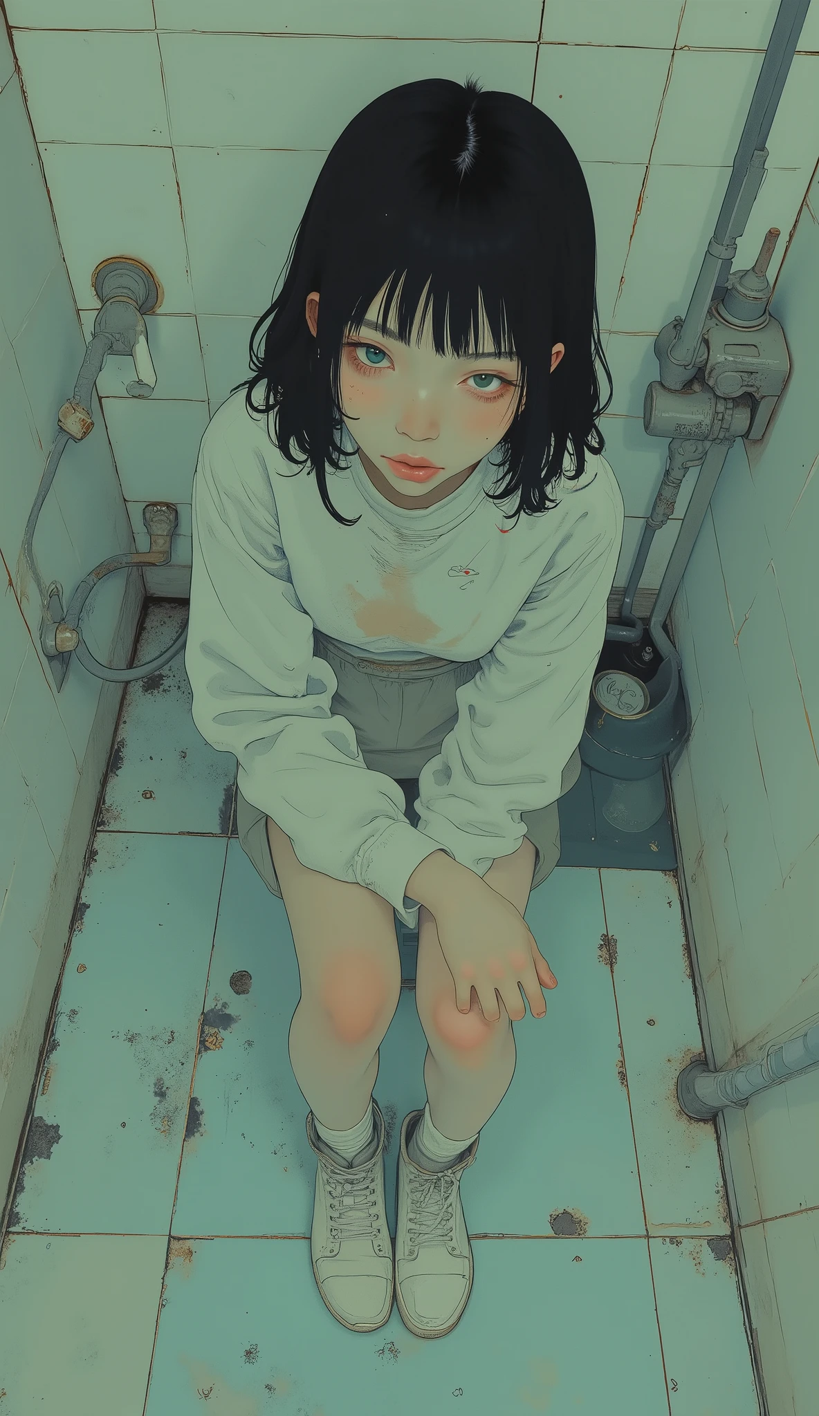 taken from above、Closeup photo of a person sitting on a toilet with a white crocodile, 80s wet pussy , 90s Anime Style, Short wavy hair with volume、9 0 s Anime aesthetics, 90s Anime Style, 90s Anime Style, wet pussy, 2D animation style close to the figure of a beast, illustration inspired by decoration , 80s Anime Style, 80s anime art style, Anime aesthetics