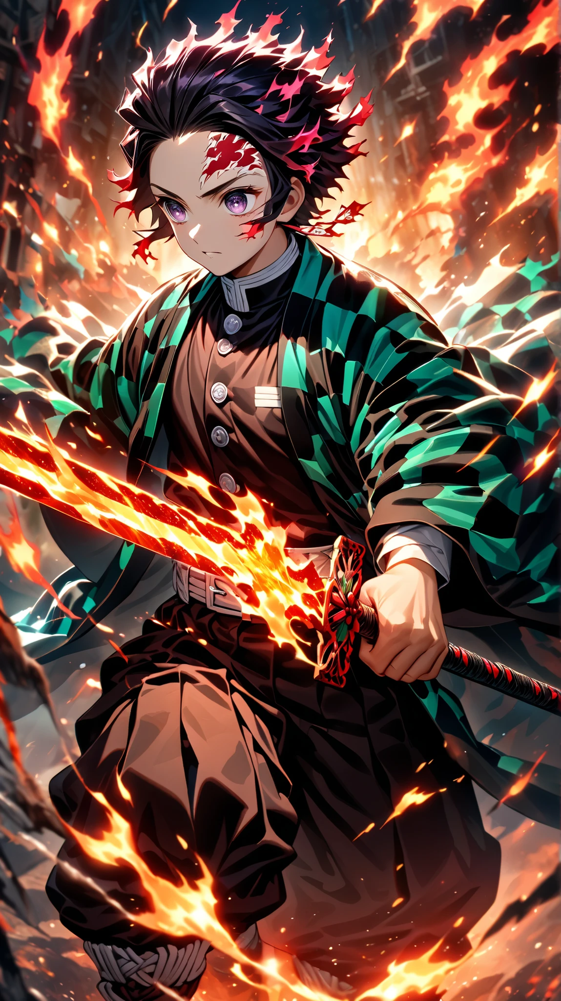 symmetrical,absurd, highres, ultra detailed , HDR, masterpiece , extremely detailed face and purple eyes, Tanjiro Kamado, Kimetsu no Yaiba,, black hair , , Alone, man, handsome , on the forehead ,, , epic battle scene , fiery red lightning effect , glowing glitter , , Flame effect , flame aura effect , black eyes, flaming splash , surrounded by flame energy , Holds his glowing red sword
