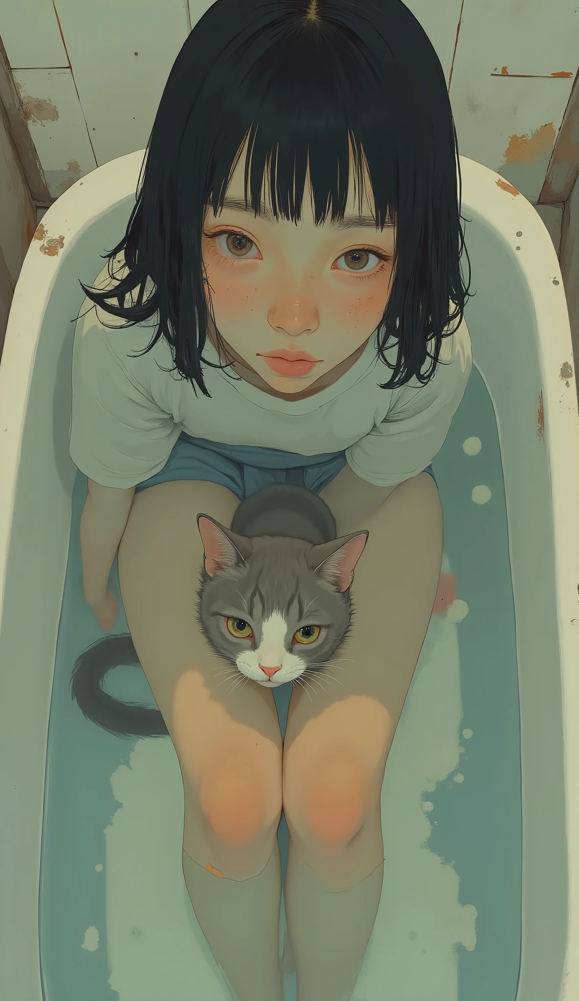 taken from above、Closeup photo of a person sitting in a bathtub with a cat, 80s wet pussy , 90s Anime Style, Short wavy hair with volume、9 0 s Anime aesthetics, 90s Anime Style, 90s Anime Style, wet pussy, 2D animation style close to the figure of a beast, illustration inspired by decoration , 80s Anime Style, 80s anime art style, Anime aesthetics