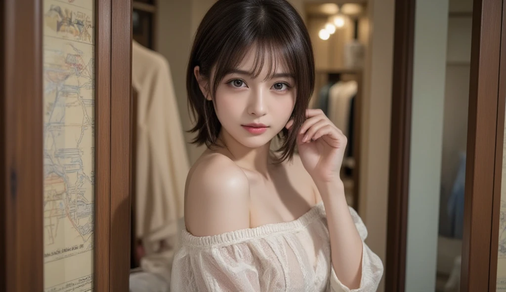 (8k, best quality, masterpiece:1.2), (Practical, photo-Practical:1.37), Super detailed,((( 1 girl))),Solitary,Beautiful and detailed sky,Detail of cafe,night,sitting,Dating,(nose blushing),(Smile:1.15),(Shut up) Small Breasts,Beautiful and delicate eyes,(shirt:1.1), night, wet, rain,White lace, (short hair:1.2),Flowing HairNovaFrogStyle, ((whole body)),Standing, , Lovely