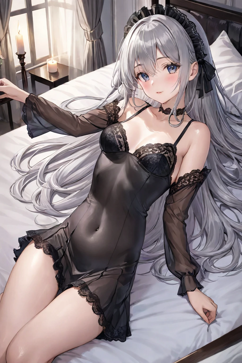 Silver-haired blue eyes、 girl、small breasts、twin tails、smile、naughty clothes、girl、wearing cute earrings、In underwear、I can see your pants、not wearing pants、sexy lingerie、gal