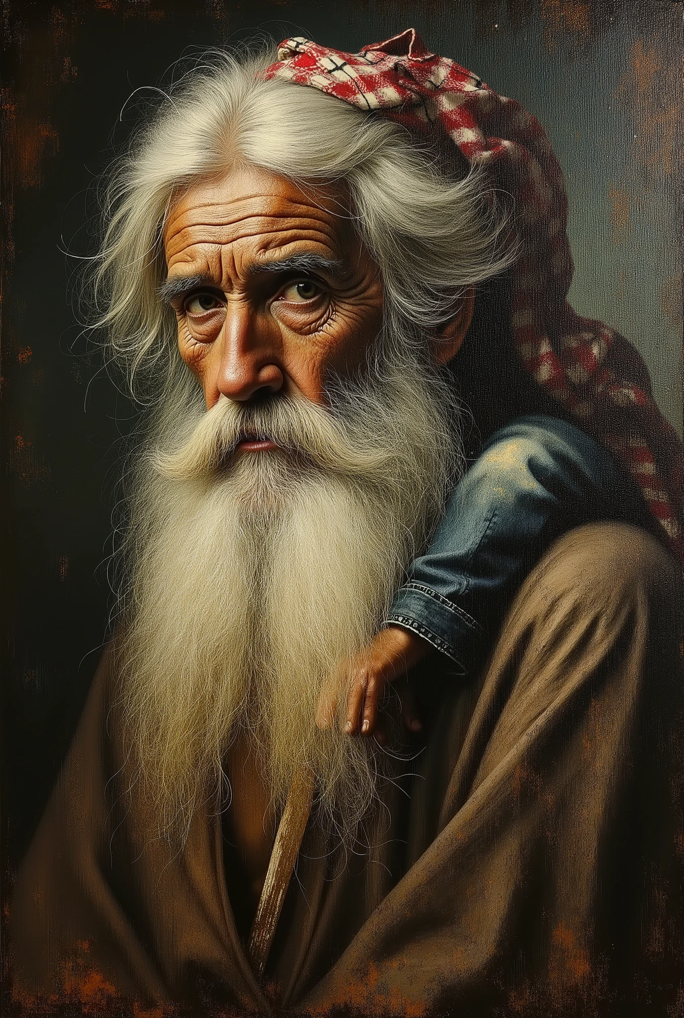 created a painting with oil painting with huge details , In the style of the artist Leonardo Davinci , The art of the era of European Renaissance , . A painting of an old sheikh with his little grandson ( 5 years) on his shoulders. He has white hair and a long white beard imagined by some black hairs ( The child is wearing jeans ) . The background is dark, the picture seems cinematic, the angle of view is not taken in front of the child ( . The full picture of the child is in the frame)