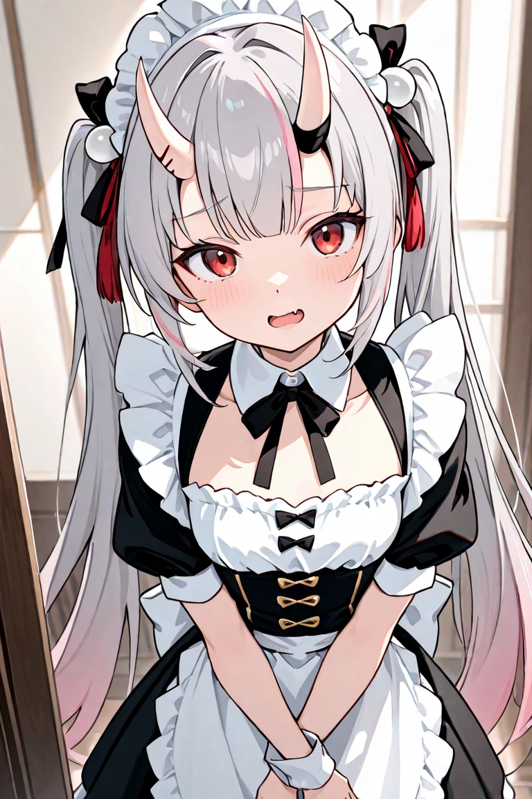 8K picture quality，silber hair,Red-eyed girl,cute little ,Long hair,Heartwarming,a ,Lolita,A smile,Thumbnail styles，maid clothes，fluffly，Looking down from above,A smile,full body Esbian,heartbackground