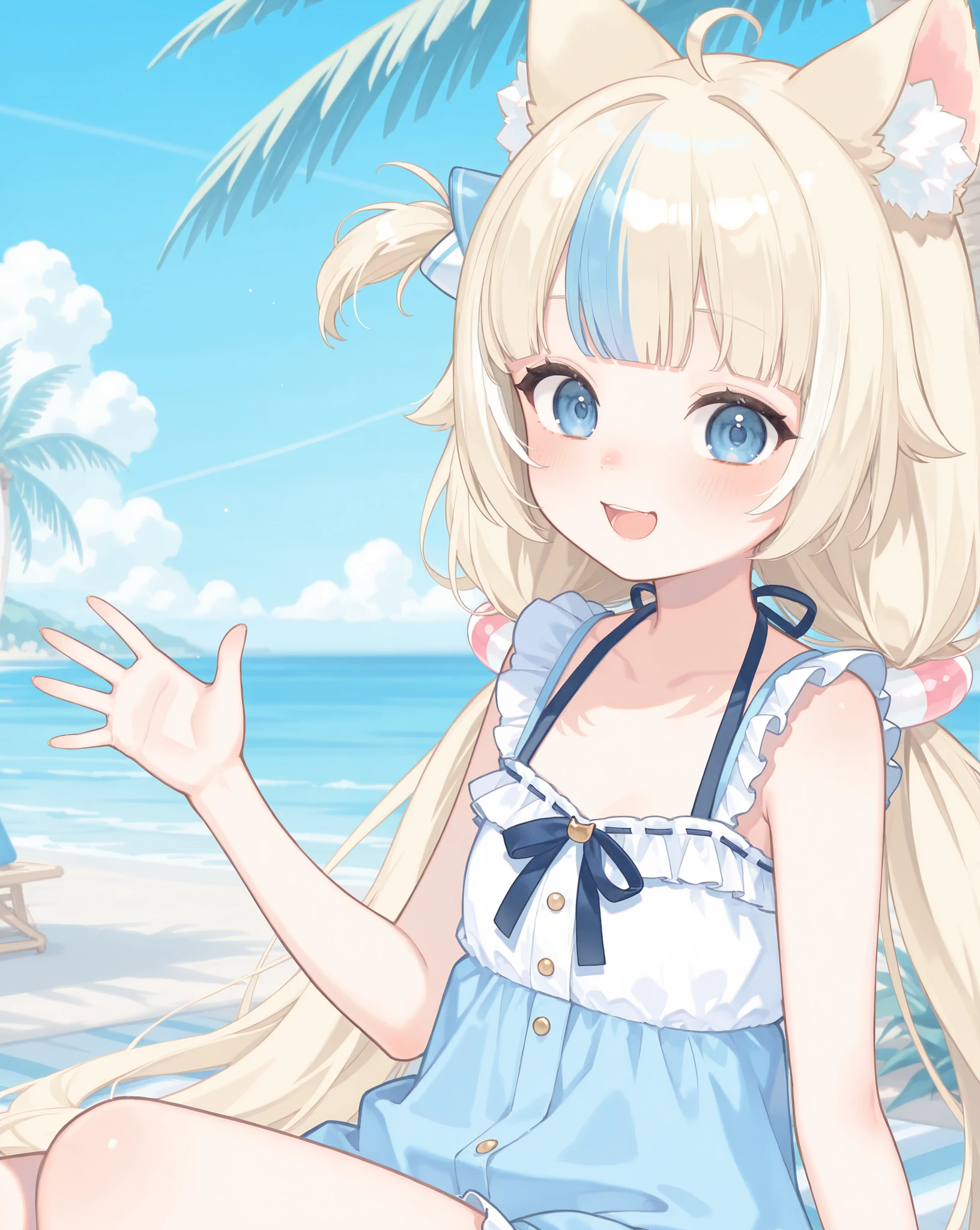 front viewer, 8k, watercolor style, ((pastel colors, soft colors)), (masterpiece), close-up upper body, hyper detailed, best quality, girl, blue eyes, blonde hair, blue hair, very long hair, streaked hair, ahoge, blunt bangs, low twintails, one side up, hair ornament, blush, cat ears, detailed nose, small lolita, wide waist, background beach, sitting, palm tree, smile, ((open hand:1.3)), surprised, barely open mouth,