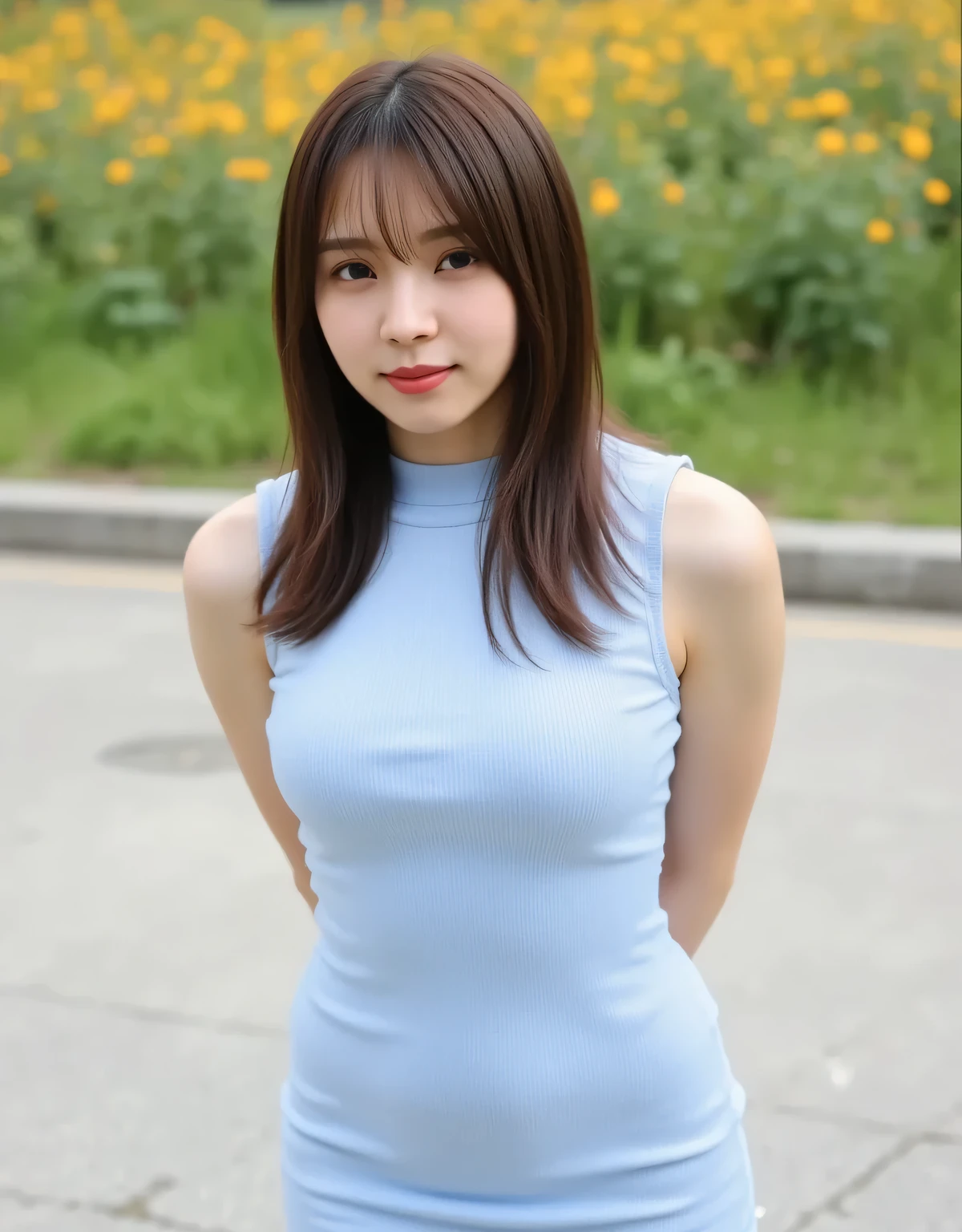 Cross your hands directly behind your head, young woman standing in front, Wear a tight sleeveless, high neck and short length light blue knit dress,  Bend forward slightly, flat concrete area. very , Her hair color is dark brown., long hair,  In the back is a field of colorful flowers all over,nicely arranged bangs, looking at viewer, from very high, looking up, Looking directly above her