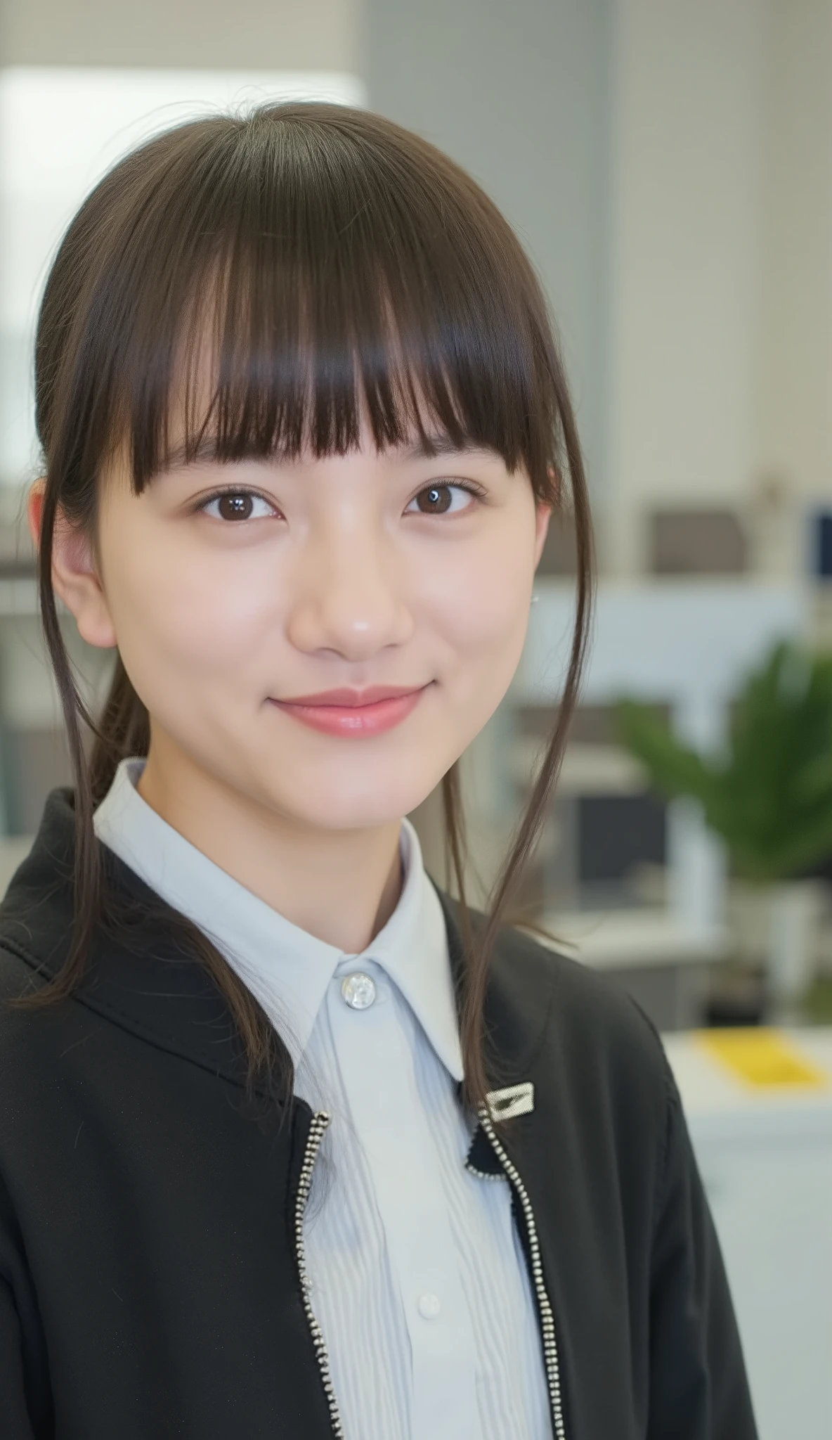 Neat Young Woman、office lady suit in office room、jacket、shirt、Ear piercings、looking at the camera、hairstyle semi-long、 pale brown hair、smile showing teeth、The background is office