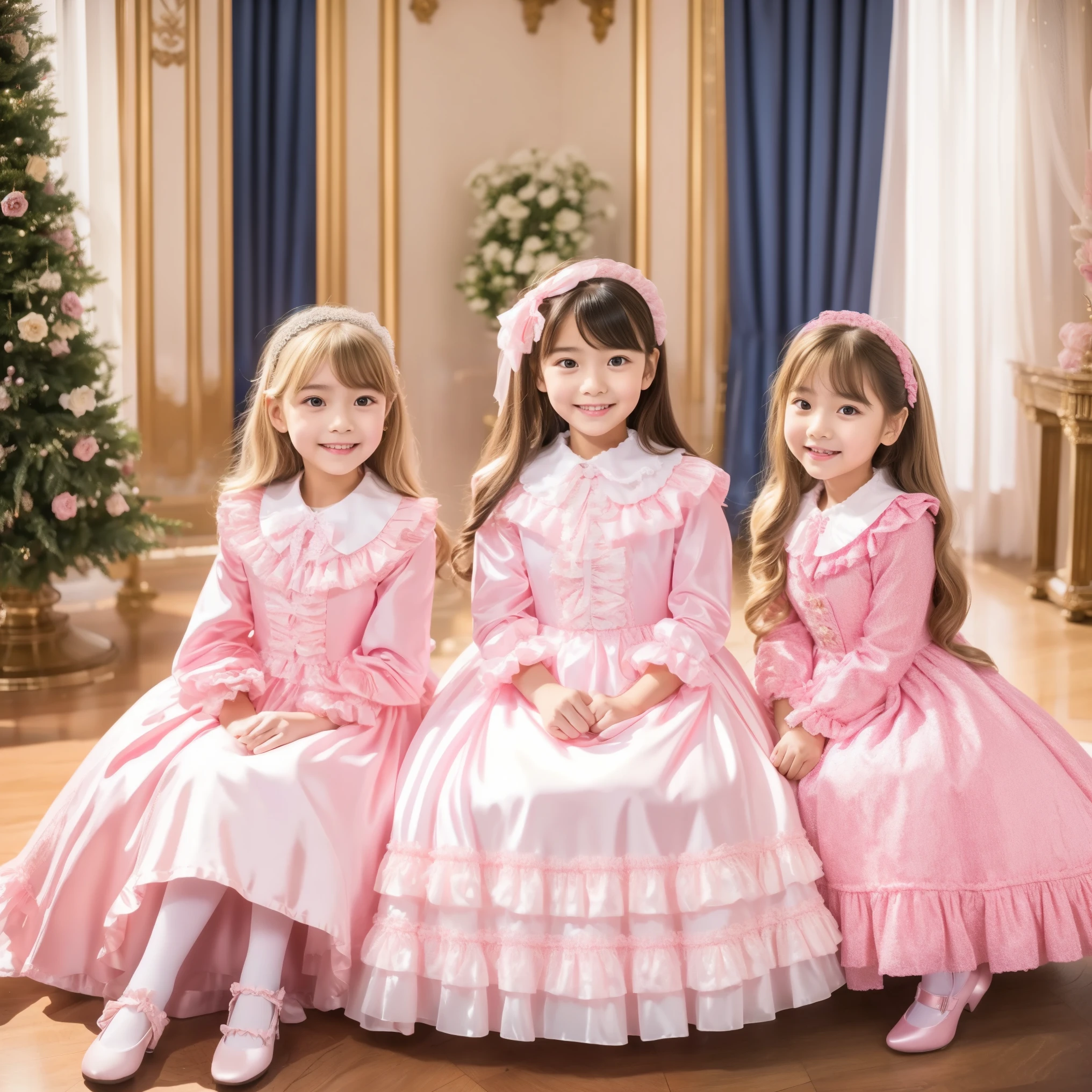 (( Distant Scenery,full body:1.0)),Highest Quality, masterpiece, highest resolution, Artwork, super それにget used to it, many get used to it, get used to it, それにget used to it, 3k photos,,Three Ladies from a Noble Family,. ((10 year old European girl,blonde long hair:1.3)),Get used to the ultra-fine young face,lovely smile,baby-like face,ultra high res,  complicated details,  Back hair tied with ribbons,smile,pastel colored dress cutely adorned with ruffles and pink ribbons, （round large ruffle collar,bow tie,long sleeve, ruffle sleeve ,white ruffle blouse,Ruffle placket,Ruffles are cute ,medium skirt,balloon skirt,frill skirt,Very elaborate costumes:1.2,）Long Black Socks with Ruffles,black loafers,small breasts,,sitting across an indoor yoga ball, outdoor,detailed background,