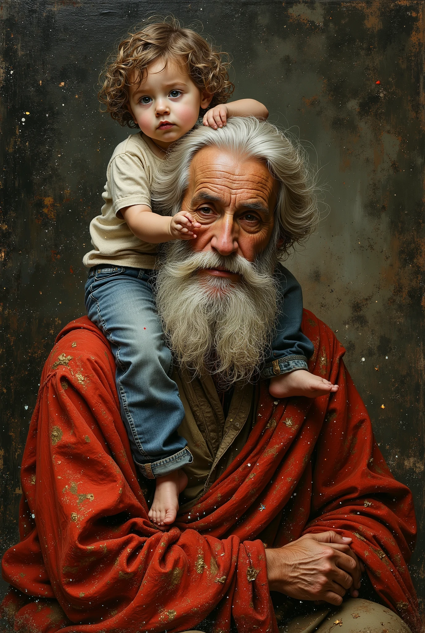 created a painting with oil painting with huge details , In the style of the artist Leonardo Davinci , The art of the era of European Renaissance , . A painting of an old sheikh with his little grandson ( 5 years) on his shoulders. He has white hair and a long white beard imagined by some black hairs ( The child is wearing jeans ) . The background is dark, the picture seems cinematic, the angle of view is not taken in front of the child ( . The full picture of the child is in the frame)