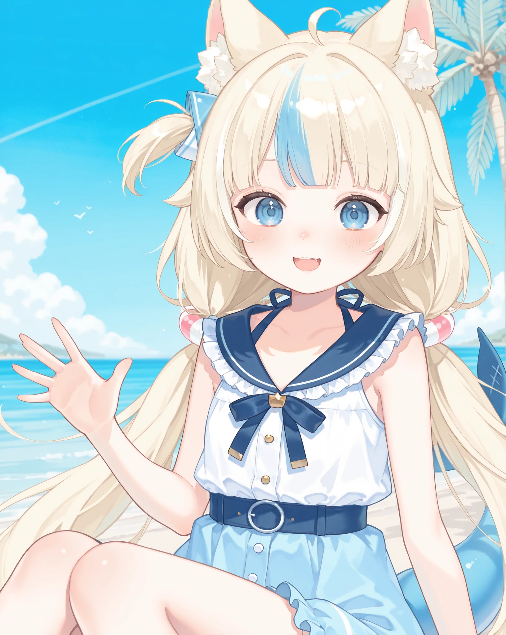 front viewer, 8k, watercolor style, ((pastel colors, soft colors)), (masterpiece), close-up upper body, hyper detailed, best quality, girl, blue eyes, blonde hair, blue hair, very long hair, streaked hair, ahoge, blunt bangs, low twintails, one side up, hair ornament, blush, cat ears, detailed nose, small lolita, wide waist, small fish tail, background beach, sitting, palm tree, smile, ((open hand:1.3)), surprised, barely open mouth,