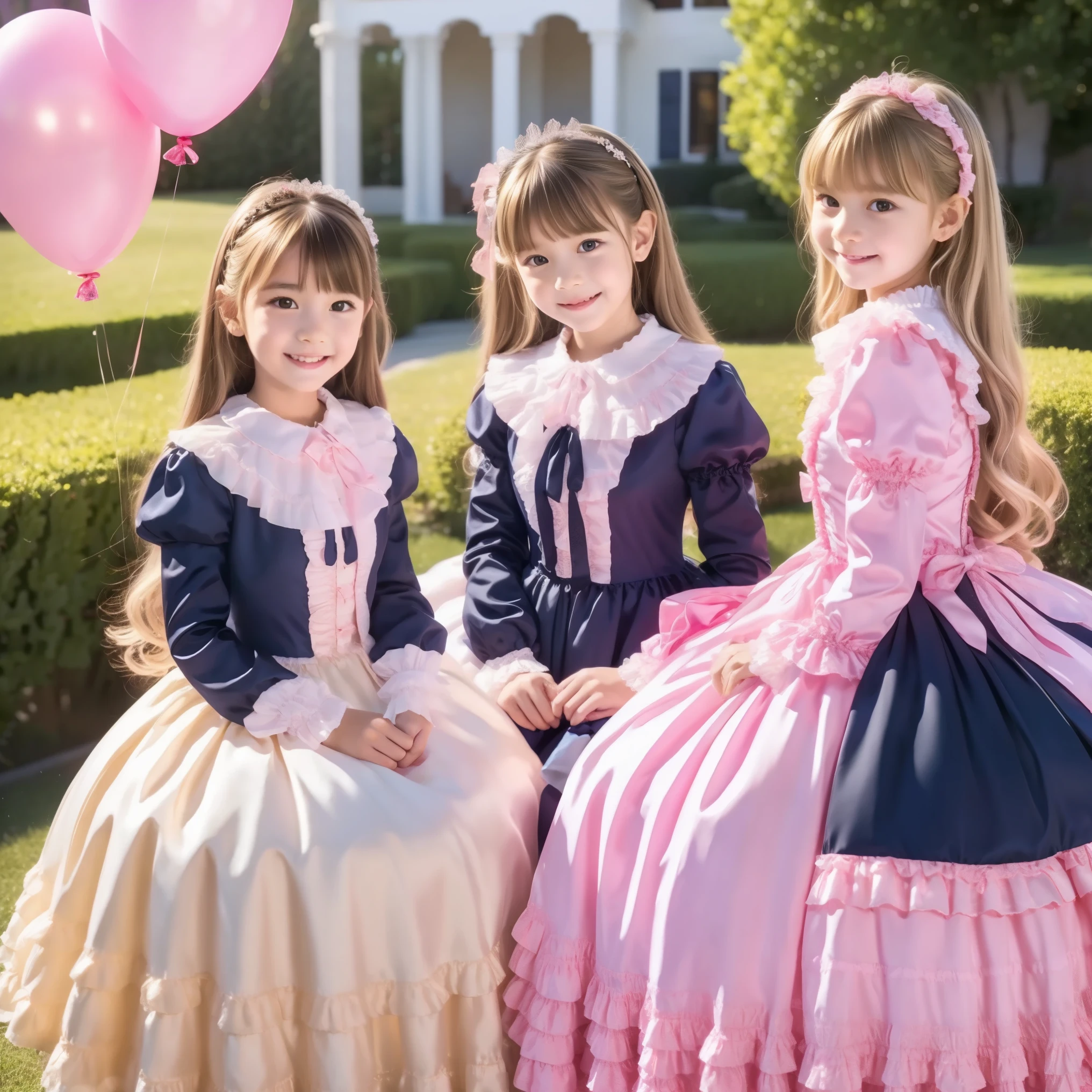 (( Distant Scenery,full body,standing:1.0)),Highest Quality, masterpiece, highest resolution, Artwork, super それにget used to it, many get used to it, get used to it, それにget used to it, 3k photos,,Three Ladies from a Noble Family,. ((10 year old European girl,blonde long hair:1.3)),Get used to the ultra-fine young face,lovely smile,baby-like face,ultra high res,  complicated details,  Back hair tied with ribbons,smile,pastel colored dress cutely adorned with ruffles and pink ribbons, （round large ruffle collar,bow tie,long sleeve, ruffle sleeve ,white ruffle blouse,Ruffle placket,Ruffles are cute ,medium skirt,balloon skirt,frill skirt,Very elaborate costumes:1.2,）Long Black Socks with Ruffles,black loafers,small breasts,,sitting across an indoor yoga ball, outdoor,detailed background,