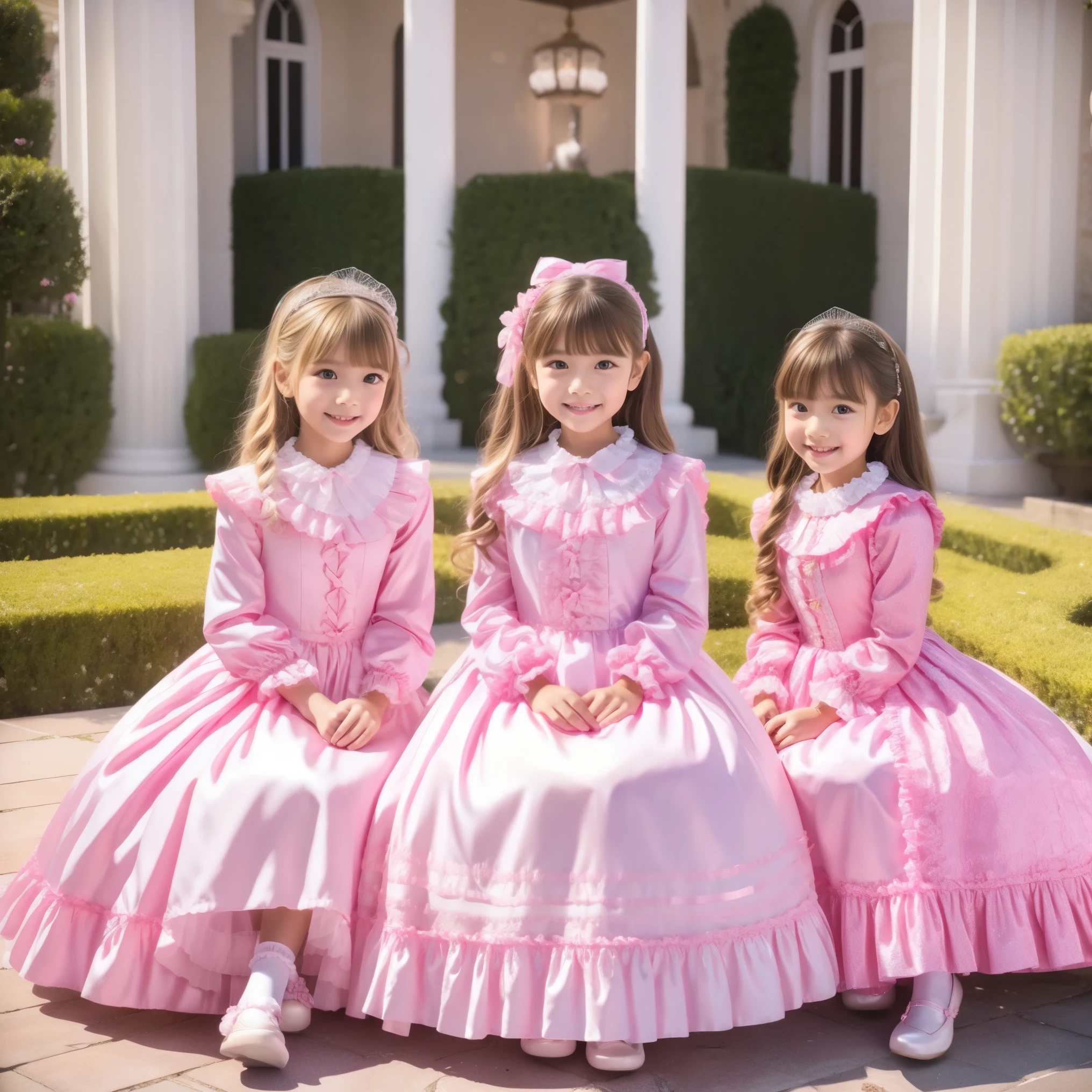 (( Distant Scenery,full body,standing:1.0)),Highest Quality, masterpiece, highest resolution, Artwork, super それにget used to it, many get used to it, get used to it, それにget used to it, 3k photos,,Three Ladies from a Noble Family,. ((10 year old European girl,blonde long hair:1.3)),Get used to the ultra-fine young face,lovely smile,baby-like face,ultra high res,  complicated details,  Back hair tied with ribbons,smile,pastel colored dress cutely adorned with ruffles and pink ribbons, （round large ruffle collar,bow tie,long sleeve, ruffle sleeve ,white ruffle blouse,Ruffle placket,Ruffles are cute ,medium skirt,balloon skirt,frill skirt,Very elaborate costumes:1.2,）Long Black Socks with Ruffles,black loafers,small breasts,,sitting across an indoor yoga ball, outdoor,detailed background,