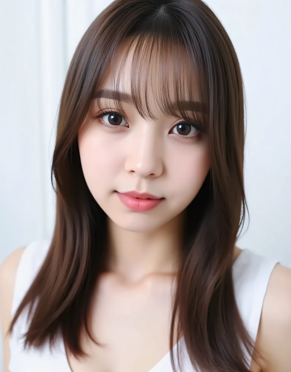 1girl, cute face, beautiful face, (perfectly detailed face), face focus,((looking at viewer、highlighting the beauty of her collarbone, snow-white and delicate skin, a sweet and elegant expressionlooking sleepily with soft  gaze)), Simple Background, ((white background)), White skin, (bright lighting:1.2), perfect lighting, photorealistic,UHD, anatomically correct, highres、(8K,best quality, masterpiece,,beautiful detailed, ultra high res,raw photo,Full-HD, absurdres,high resolution, absolutely resolution:1.5)(masterpiece:1.3),,detailed face, detailed eyes, sophisticated nose, skin details, pale skin, perfect anatomy、beautiful black round eyes ,long hair,bangs, cute,small face,((sweet and innocent look , Innocent Smile、Clear Skin、innocent beauty、catch light、)) (((Pastel Makeup、Gloss Lips、sparkling eyeshadow、Fluffy False Lashes、Cute Pink Cheek、 )))sharp focus 、ray tracing,cinematic lighting,