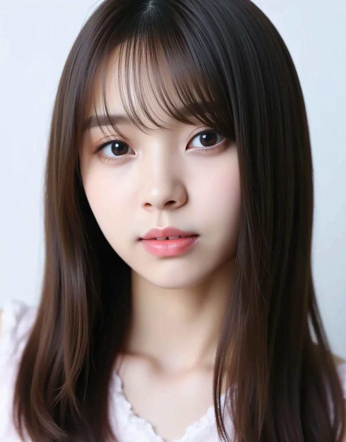 1girl, cute face, beautiful face, (perfectly detailed face), face focus,((looking at viewer、highlighting the beauty of her collarbone, snow-white and delicate skin, a sweet and elegant expressionlooking sleepily with soft  gaze)), Simple Background, ((white background)), White skin, (bright lighting:1.2), perfect lighting, photorealistic,UHD, anatomically correct, highres、(8K,best quality, masterpiece,,beautiful detailed, ultra high res,raw photo,Full-HD, absurdres,high resolution, absolutely resolution:1.5)(masterpiece:1.3),,detailed face, detailed eyes, sophisticated nose, skin details, pale skin, perfect anatomy、beautiful black round eyes ,long hair,bangs, cute,small face,((sweet and innocent look , Innocent Smile、Clear Skin、innocent beauty、catch light、)) (((Pastel Makeup、Gloss Lips、sparkling eyeshadow、Fluffy False Lashes、Cute Pink Cheek、 )))sharp focus 、ray tracing,cinematic lighting,