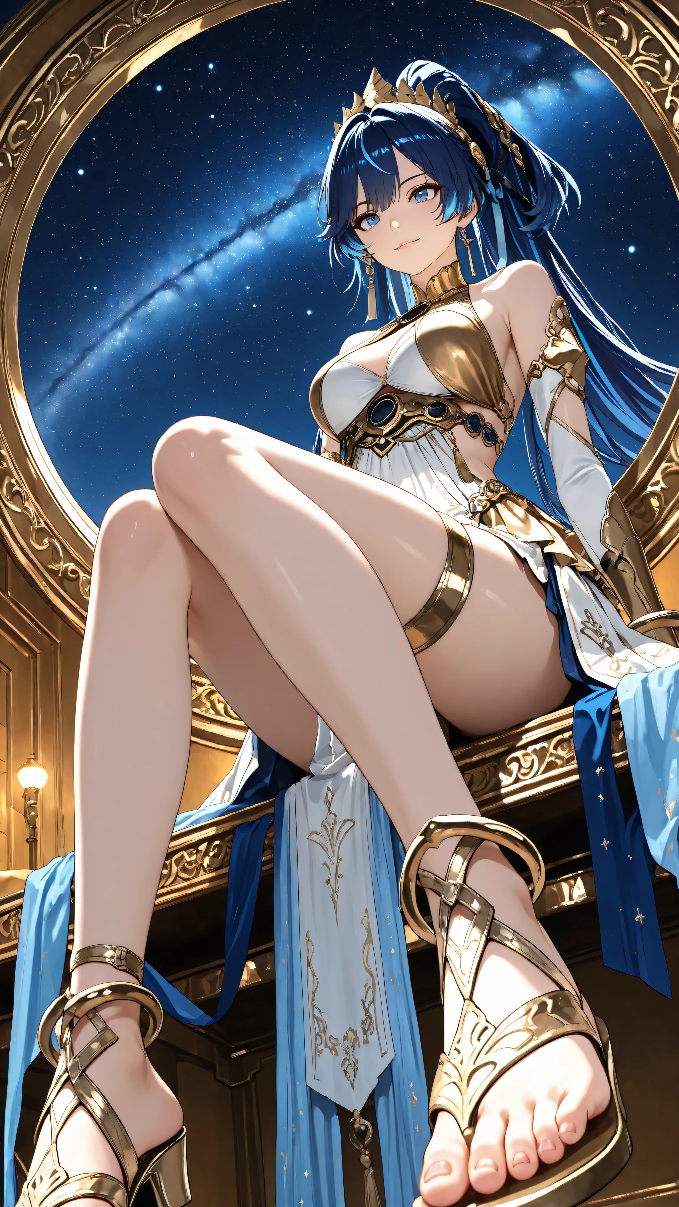 ((solo)), ((1girl)), low-angle upward shot, dynamic foreshortening, legs and feet prominently in foreground, face in background, long straight dark-blue hair tied in high ponytail, golden hair ornaments and crown-like accessories, confident calm gaze, blue eyes, white and gold ornate fantasy dress, arm sleeves, metallic accents, golden thigh band, delicate gold anklets,  feet with soft shading and curled toes, pale smooth skin, blue ribbon sandals wrapping around calves, sitting inside large ornate circular frame with gold and blue details, starry night sky background, soft glowing highlights, high depth of field, ultra-detailed skin texture, beautiful detailed eyes, realistic lighting, masterpiece, best quality, highly detailed 3D anime render, cinematic composition , Iuno/Wuthering Waves , bear feet