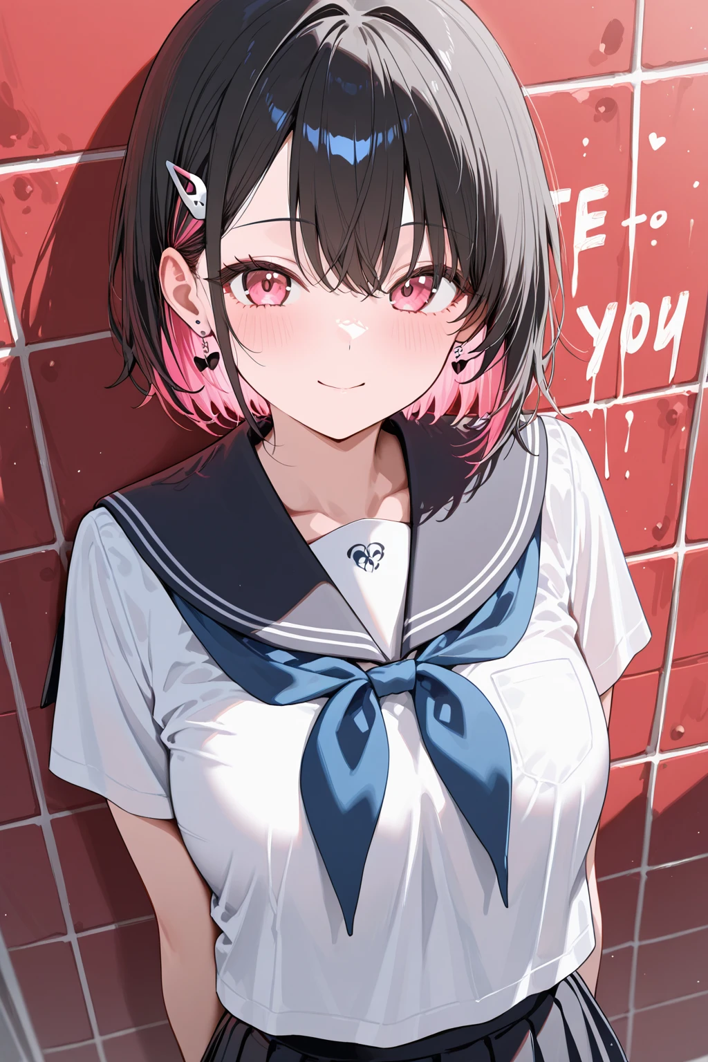 Cute Japanese high school girl fighter with short-cut black hair, drenched in sweat and covered in scars. Out of breath with one eye closed. Small breasts. Ragged uniform. She has been punched by a lot of rogue students.