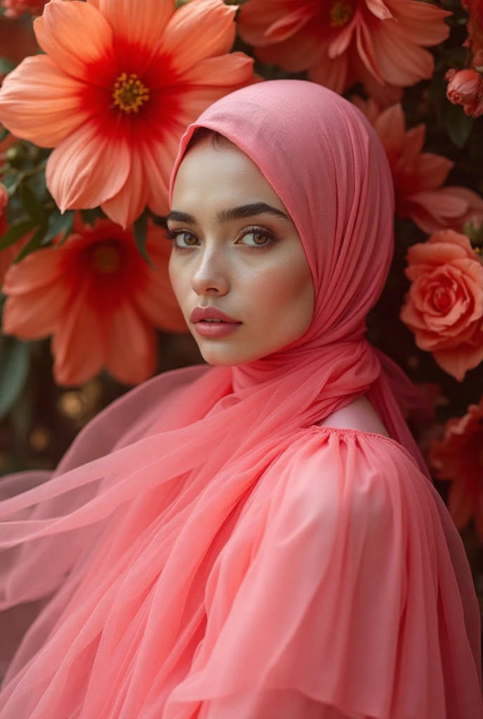 Ultrarealistic very detail raw photo of @bundamayla wear red hijab, red lips, and purple mini dress while pickup apple from tree, fairy garden and waterfall in background, vivid color, hdr, 8k