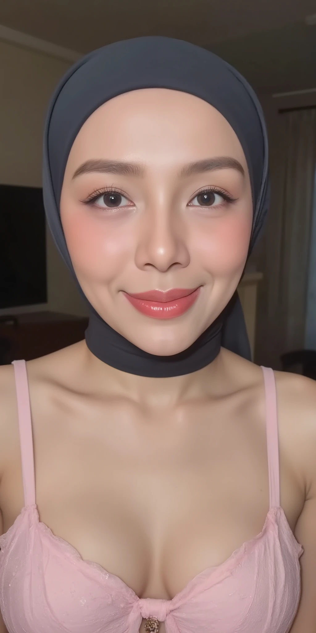 42-years-Old, Sugar Mama, ((Beauty Nerd Indonesian MILF)), ((Wearing Eye Glasses, Wearing Hijab)), (Sensual lips : 1.2), wet Oily Tanlined Skin, (Large Breasts : 1.2), Micro Bikini, Polish Nail and face, Busty Athletic Body, Realistic Detailed Perfect Face, At Bedroom, Dark light, at Day time, Lustfull Smile. Excellent lighting, Light colors, Clean lines.