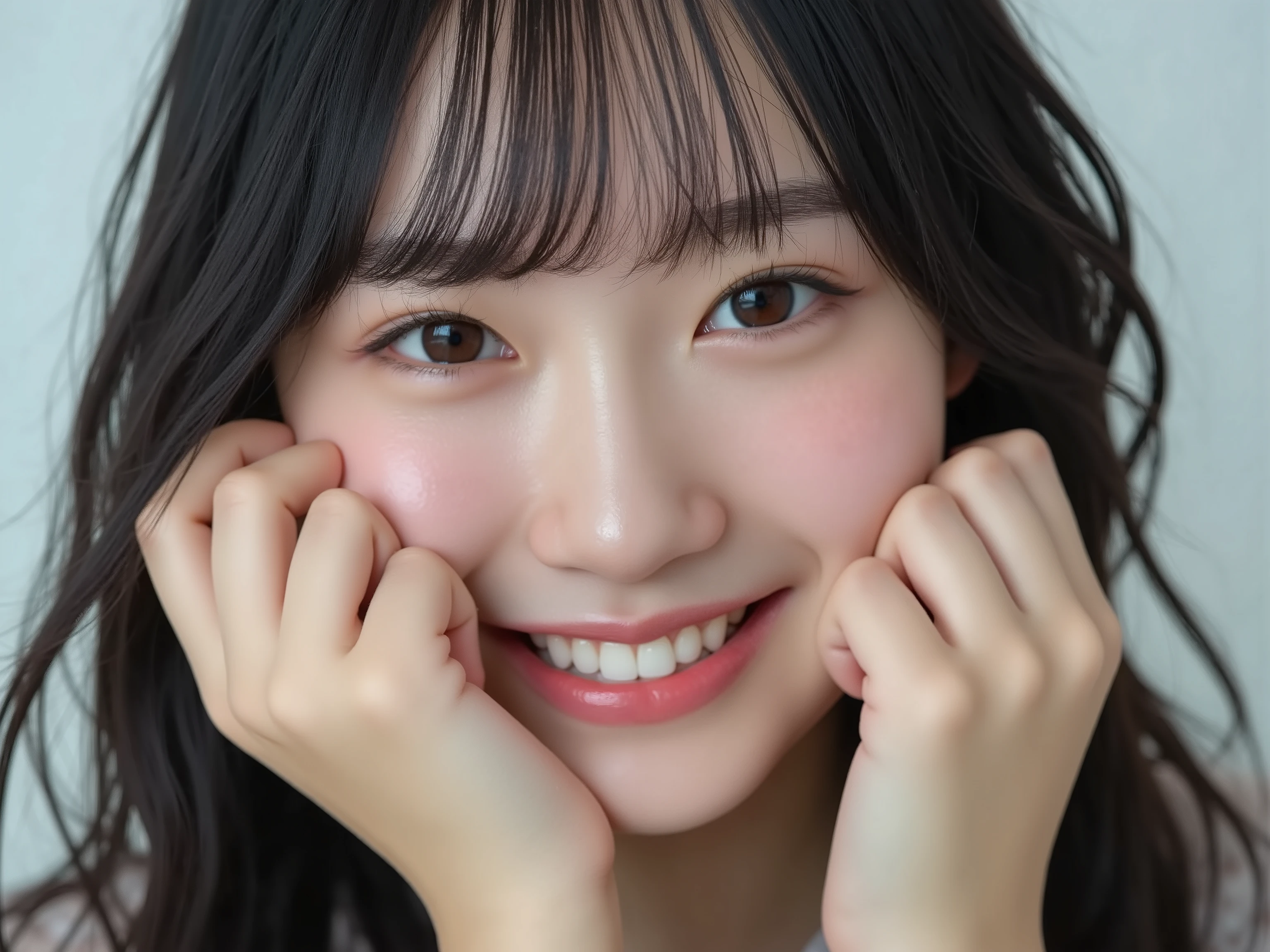 (Refined from an old photo, recreated in a modern, ultra high-quality photorealistic style, with a trendy Reiwa-era hairstyle: soft semi-long hair with natural waves and airy see-through bangs), 
Ultra photorealistic close-up portrait of a beautiful Japanese woman, 
upper-body shot, wearing a black outfit (completely out of frame, not visible), 
shoulders and collarbone softly exposed, 
both hands pressing her cheeks in a shy, lovestruck pose, 
sparkling eyes gazing dreamily at the viewer with overwhelming affection, 
cheeks blushing deeply with a sweet reddish glow, 
soft glossy lips curved into a bright, full, lovestruck smile, 
expression melting with love, playful, dreamy, adorably bashful, 
purely cute and lovestruck, overflowing with affection and warmth, 
realistic skin with detailed pores, subtle freckles, natural uneven tones, 
tiny imperfections for realism, soft peach fuzz visible, 
hair rendered with individual strands, slightly messy flow, natural matte shine, 
soft diffused cinematic lighting, natural depth, 
background pure white with gentle blur, 
(masterpiece, best quality, high resolution, intimate romantic close-up, cinematic magazine cover style)