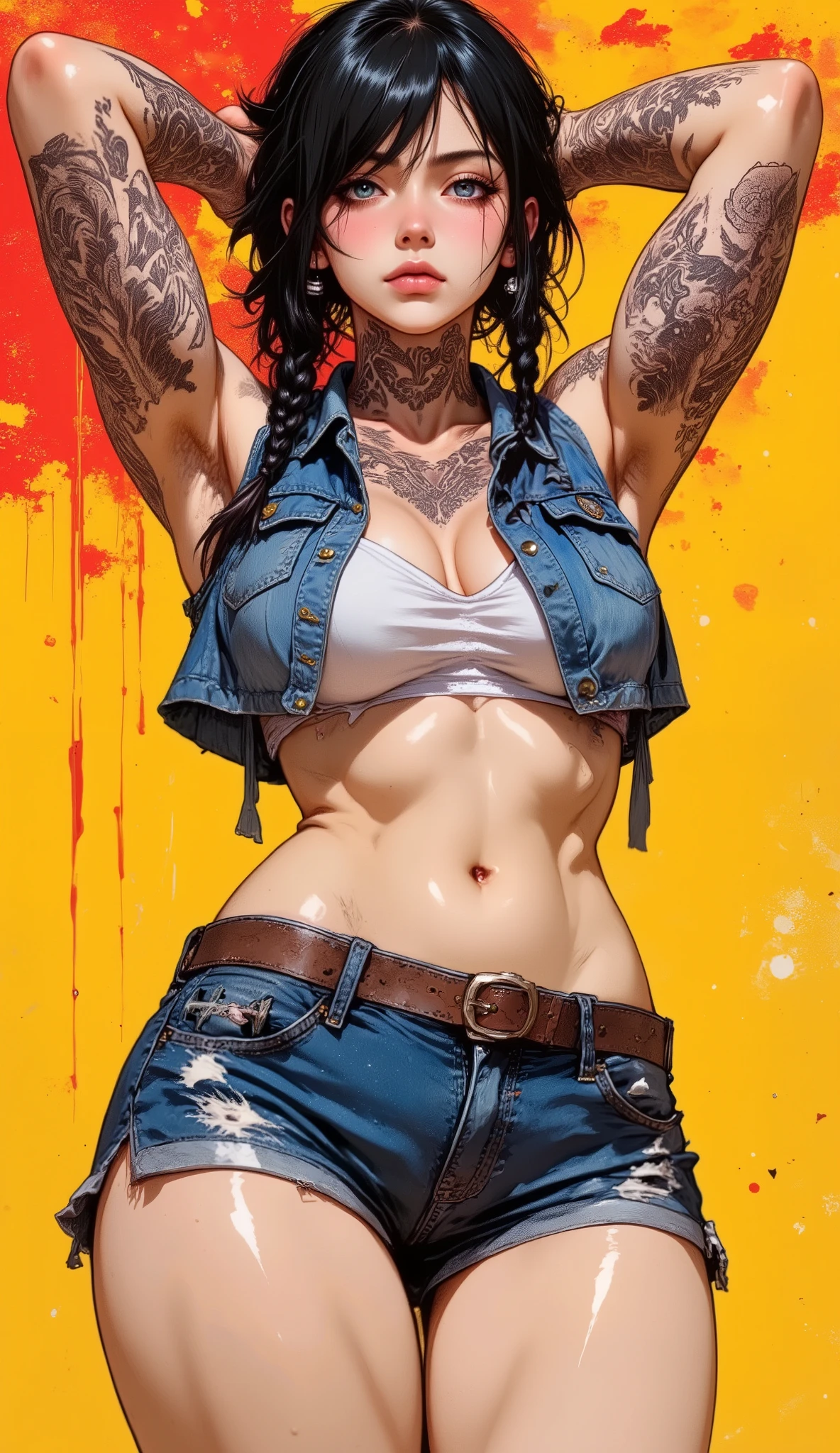 Ablatamahota style. Highly detailed and realistic digital illustration of a tattooed woman, standing confidently in front of yellow red abstract background with dirty texture. woman, which, Seems, about twenty-five years old, she has long black hair, two-braided , blue eyes, and a serious facial expression. She stands in the center of an image, with her arms raised behind her head, and her arms are decorated with intricate tattoos. Her body is slender, and she wears a denim vest over her naked body, that accentuates her curves, vest unbuttoned. medium bare breasts with pink nipples, combined with short denim shorts, that emphasize her toned figure, shorts unbuttoned, dark pubic hair, Her , full-length front view