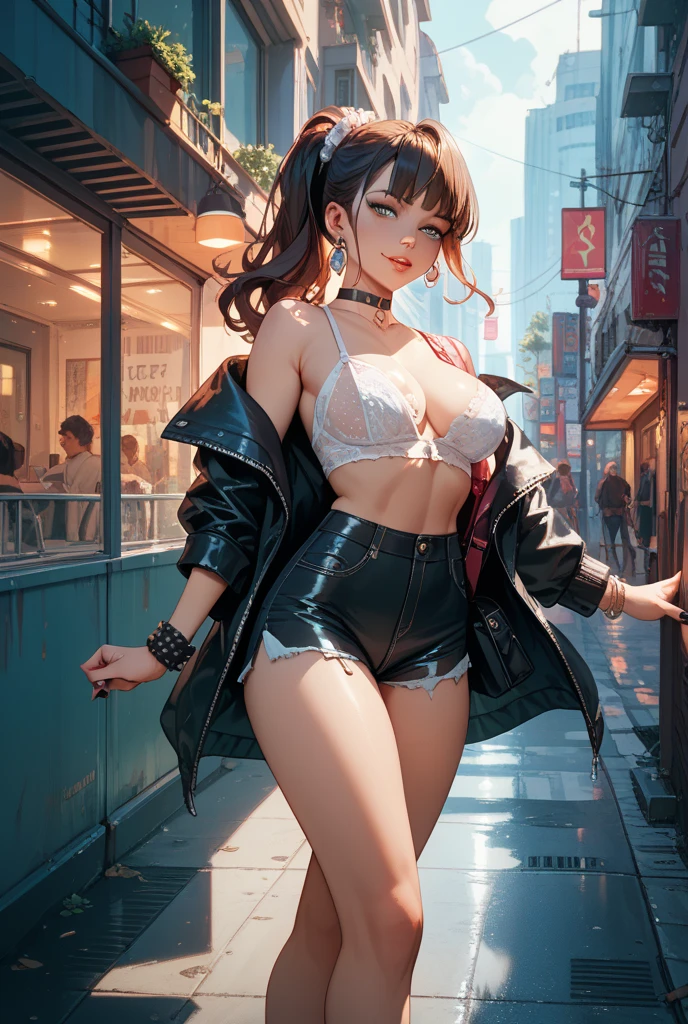 best quality, Ultra-high resolution, (Realistic:1.4), 1 girl, Loose Oversized Black Jacket, White Sports Bra, (?????:1.2), (?????????????:1.2), L looks at the audience, Smile, Foote Body, street, Urban, cosmetic, Wide Angle，