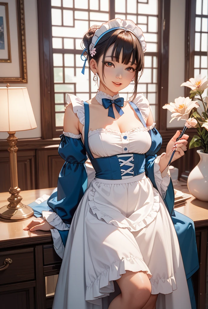 (masterpiece:1.1),(Super realistic:1.0)(Extremely detailed, Intricate details, high resolution,2.5D:1.1), 8K RAW Photos,high resolution,(Purple_Evergarden:1.29),best quality, The overall image quality is of the highest standard, rest (deep_blue_and_White_theme:1.2), (detailed Maid:1.4), Red_bow tie, Red_hair_Ribbon, breast_emerald_brooch, crepe_Fabric_detailed_clothing, Puffs_long_detailed_sleeve,breast brooch, (intricately embroideRed:1.2), Tights, Garter belt, Lace, Stilettos, rest medium_breast, Supermodel, Skinny, Willow Waist, Looking at the audience,(cowboy_shooting), rest (Blonde Short Bob Hairstyle), asymmetrical Bangs, short Bangs, Bangs, longeyelashes, rest (Create an atmosphere of luxury., Luxury rooms, Marble Flooring, Gorgeous oak walls, Decorative wall), Exquisite carpet, decorative plant and flower with luxurious Wedgewood vases, Wall Block, pictures on the wall, (detailed餐饮厨房设备, detailed烹饪设备), (large window with Lace curtain), rest maid seeing her employer off at the entrance,, rest maid serving a cup of teacup on a silver tray,