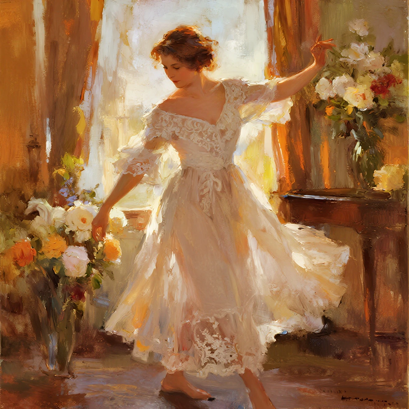 A Highly detailed, realistic thick Oil painting of a woman with {{Gigantic saggy  }}, {{for milking}}, {{Huge }}, Glass jar with pink roses, sitting by open window witha bird purched on the ledge, clay interior walls, her eyes closed, perfect arms and hands, elegant in nature, beautiful backlighting on hair, full lips, wavy hair, up-do, her elbow leaning on arm of chair, {{Antique rosewood armchair / Georgian button back chair}}, with her hand resting under her chin, smiling about the events of the day, wearing a beautiful polka dots dress, with  , {{}}   and hanging out, {{1  out  from }}, ((golden ratio}} sleepy after a long day, a sensual painting, a Beautiful expressive painting, Wadim Kashin. Ultra photo realism, Louise Ross, digital painting art, Perceptual digital painting, Stylish digital painting, Bonito painting, glossy digital painting, beautiful digital painting, digital art painting, Fine paintings, thick strokes, pallette knife, impasto, Albrecht Dürer, Rembrandt, baroque art, alla prima, sfumato, chiaroscuro, intense light, {{catchlight}}