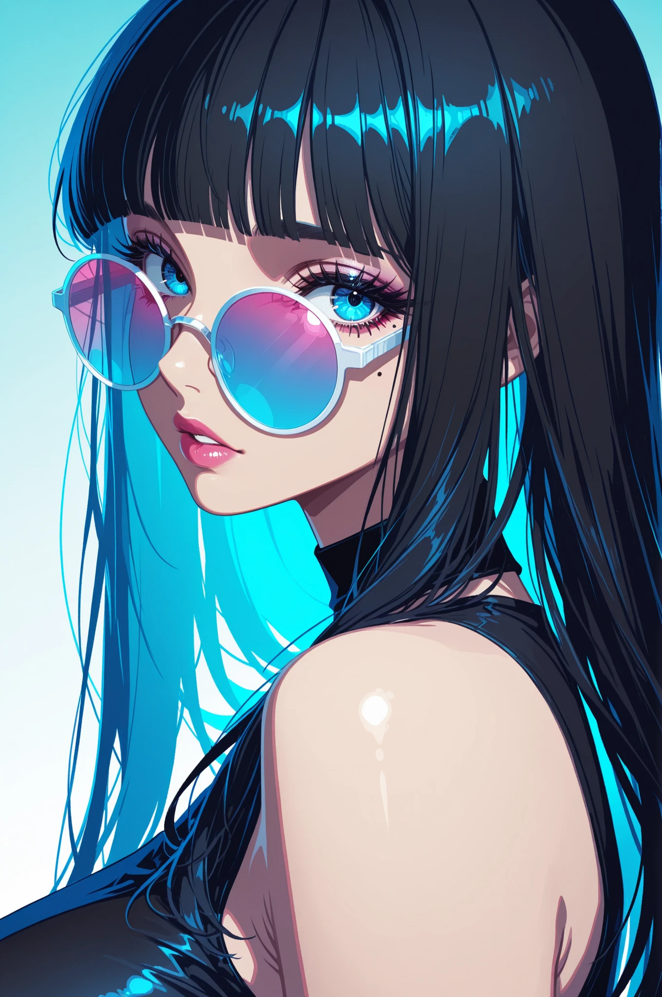 masterpiece, best quality, ultra-detailed, newest, sharp focus, very awa, soft focus, retro colors, 60s, retro, comic, fantasy, oil painting, perfect eyes, vivid colors, vibrant colors, (lineless:1.5), light from front, 1girl, solo, long hair, looking at viewer, bangs, blue eyes, simple background, shirt, black hair, white background, bare shoulders, monochrome, upper body, parted lips, glasses, sleeveless, blunt bangs, mole, lips, gradient, looking to the side, gradient background, eyelashes, mole under eye, sleeveless shirt, makeup, shadow, blue background, sunglasses, lipstick, portrait, close-up, blue theme, pink lips, round eyewear, limited palette, tinted eyewear, aqua background, looking over eyewear, white-framed eyewear, blue-tinted eyewear, pink-tinted eyewear, gigantic breasts