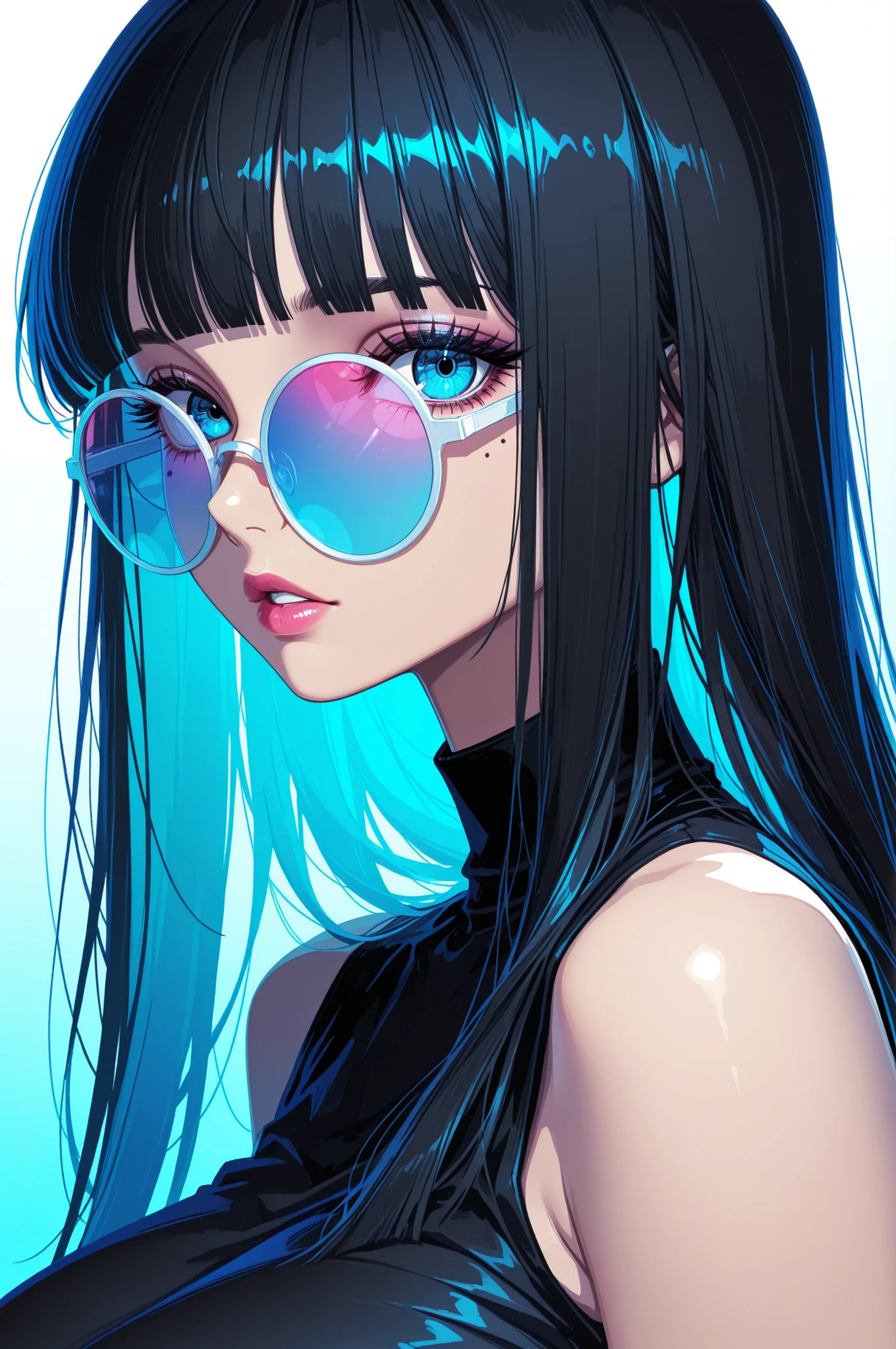 masterpiece, best quality, ultra-detailed, newest, sharp focus, very awa, soft focus, retro colors, 60s, retro, comic, fantasy, oil painting, perfect eyes, vivid colors, vibrant colors, (lineless:1.5), light from front, 1girl, solo, long hair, looking at viewer, bangs, blue eyes, simple background, shirt, black hair, white background, bare shoulders, monochrome, upper body, parted lips, glasses, sleeveless, blunt bangs, mole, lips, gradient, looking to the side, gradient background, eyelashes, mole under eye, sleeveless shirt, makeup, shadow, blue background, sunglasses, lipstick, portrait, close-up, blue theme, pink lips, round eyewear, limited palette, tinted eyewear, aqua background, looking over eyewear, white-framed eyewear, blue-tinted eyewear, pink-tinted eyewear, gigantic breasts