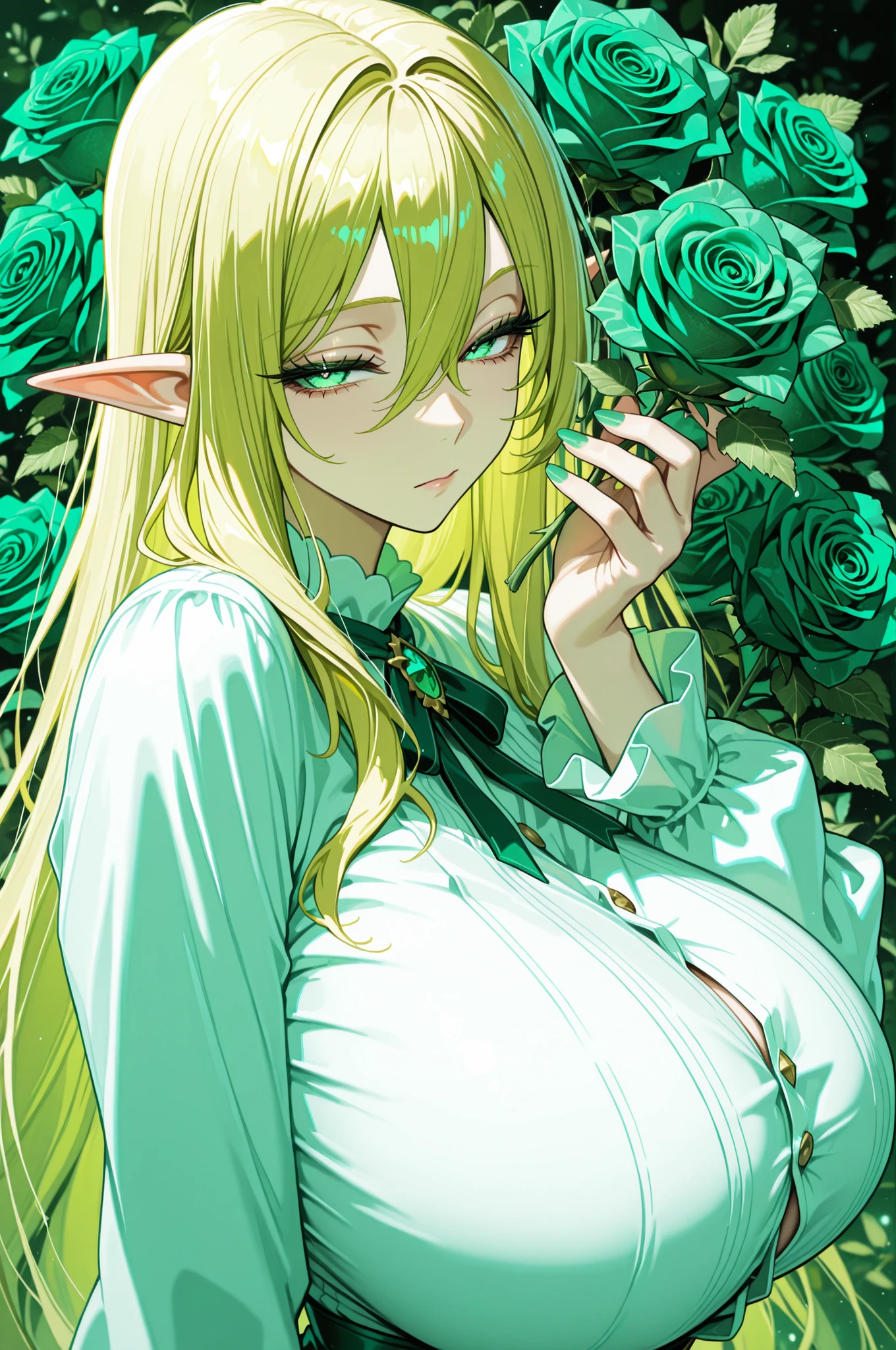 masterpiece, best quality, newest, 1girl, elf, looking at viewer, holding a big green rose, blonde hair, white shirt, nail polish, mint green eyes, eyelashes, long sleeves, blonde hair, hand up, hair between eyes, half-closed eyes, green theme, gigantic breasts,