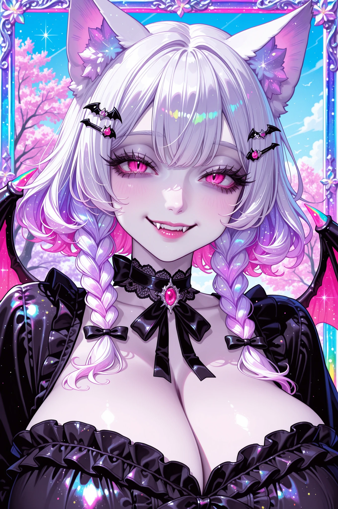 1girl, wuxia, ruffle blouse , trees, flowers, sky , face closeup., vibrant colors, face focus, glitter, iridescent neon colors, pink eyes, gigantic breasts, cute woman with soft wavy white hair, short twin braids framing her cheeks, flushed pale skin, long eyelashes, vampire, faint smile on her lips, vampire fangs, large bat wings, hair clips, frilly black blouse, ribbon choker, cat ears, fluffy and slightly tousled, two short side braids tied with tiny black satin ribbons, Soft lavender undertones, few hair strands fall, lips are soft and subtly pink,