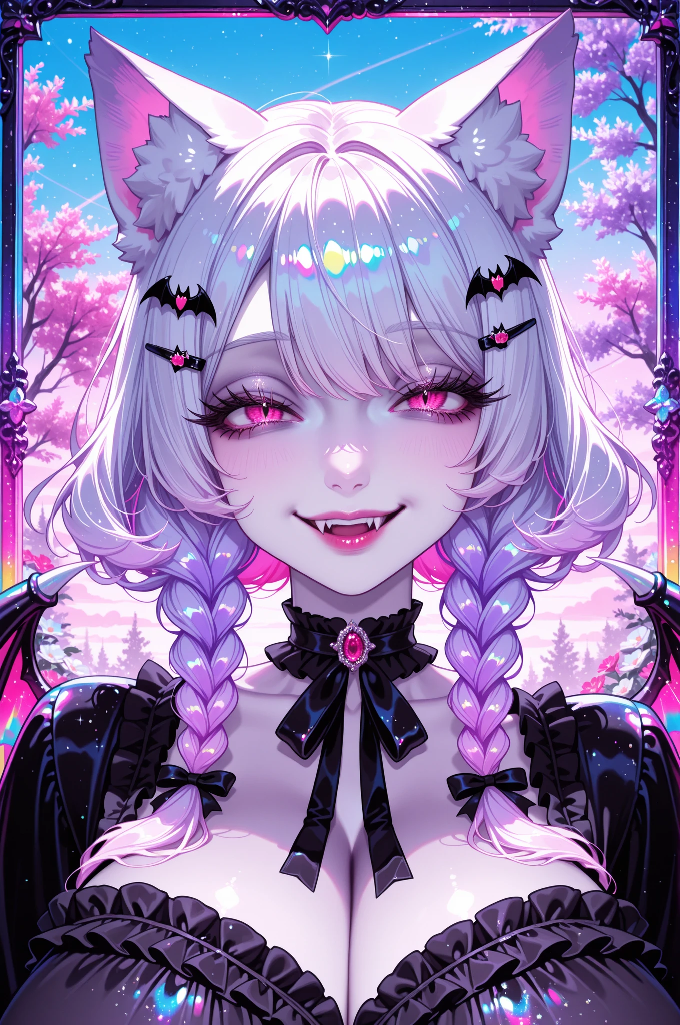1girl, wuxia, ruffle blouse , trees, flowers, sky , face closeup., vibrant colors, face focus, glitter, iridescent neon colors, pink eyes, gigantic breasts, cute woman with soft wavy white hair, short twin braids framing her cheeks, flushed pale skin, long eyelashes, vampire, faint smile on her lips, vampire fangs, large bat wings, hair clips, frilly black blouse, ribbon choker, cat ears, fluffy and slightly tousled, two short side braids tied with tiny black satin ribbons, Soft lavender undertones, few hair strands fall, lips are soft and subtly pink,