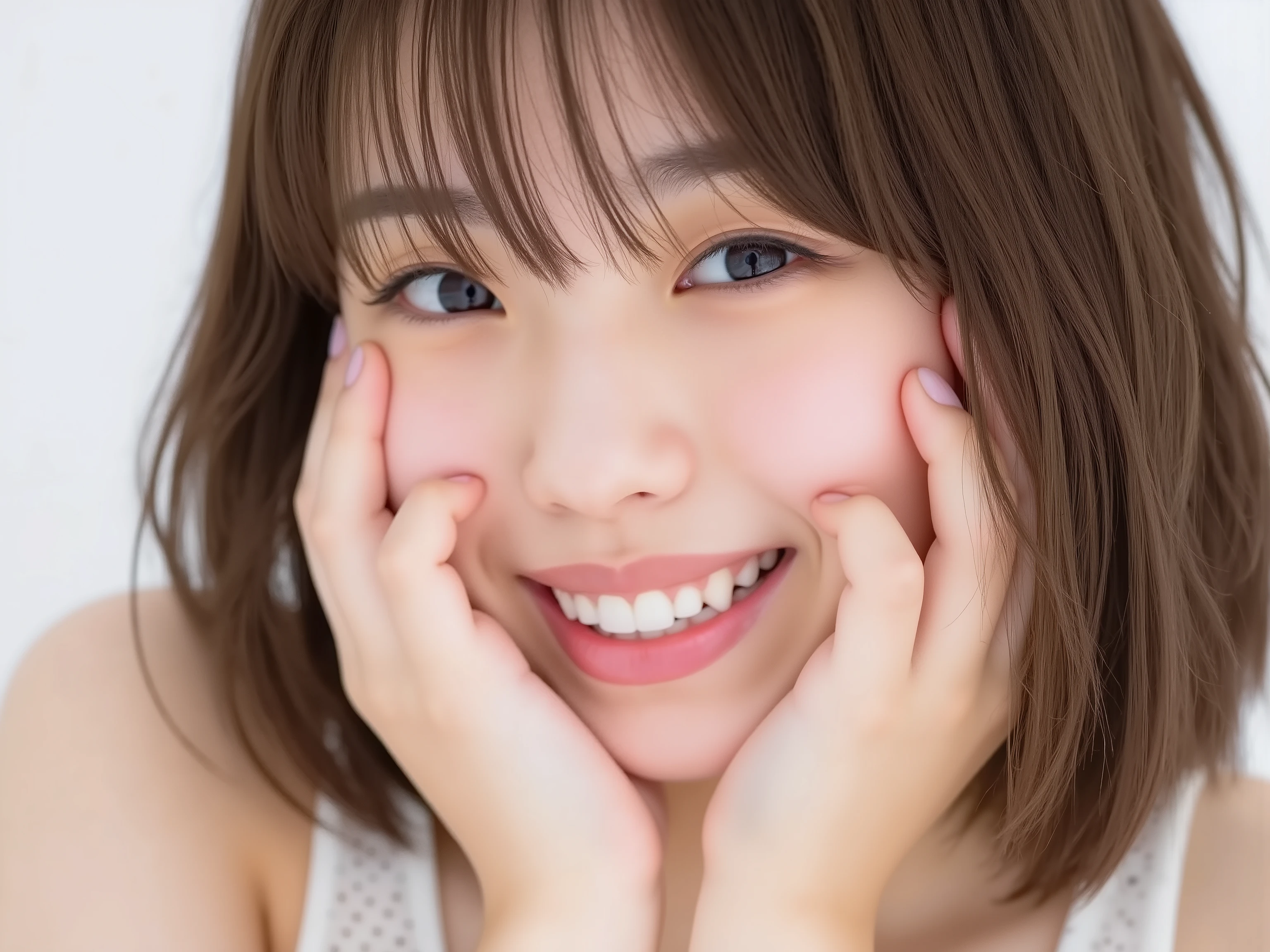 (Refined from an old photo, recreated in a modern, ultra high-quality photorealistic style, with a trendy Reiwa-era hairstyle: soft semi-long hair with natural waves and airy see-through bangs), 
Ultra photorealistic close-up portrait of a beautiful Japanese woman, 
upper-body shot, wearing a black outfit (completely out of frame, not visible), 
shoulders and collarbone softly exposed, 
both hands pressing her cheeks in a shy, lovestruck pose, 
sparkling eyes gazing dreamily at the viewer with overwhelming affection, 
cheeks blushing deeply with a sweet reddish glow, 
soft glossy lips curved into a bright, full, lovestruck smile, 
expression melting with love, playful, dreamy, adorably bashful, 
purely cute and lovestruck, overflowing with affection and warmth, 
realistic skin with detailed pores, subtle freckles, natural uneven tones, 
tiny imperfections for realism, soft peach fuzz visible, 
hair rendered with individual strands, slightly messy flow, natural matte shine, 
soft diffused cinematic lighting, natural depth, 
background pure white with gentle blur, 
(masterpiece, best quality, high resolution, intimate romantic close-up, cinematic magazine cover style)