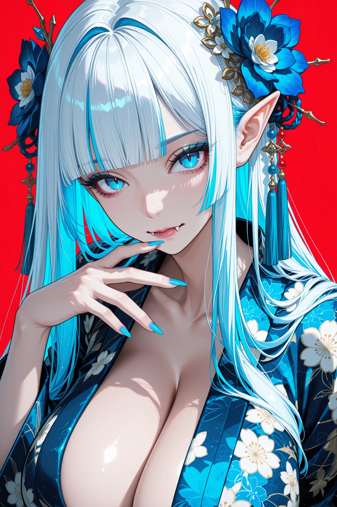 woman, solo, ethereal, crystal blue nails, looking at viewer, bangs, blue eyes, long hair, white hair, hair ornament, hand up, flower, blunt bangs, closed mouth, tassel, ribbon, portrait, colorful, floral yukata, multicolored hair, vampire, fangs, pointed ears, upper body, huge breasts, facing forward, simple background, red_background,