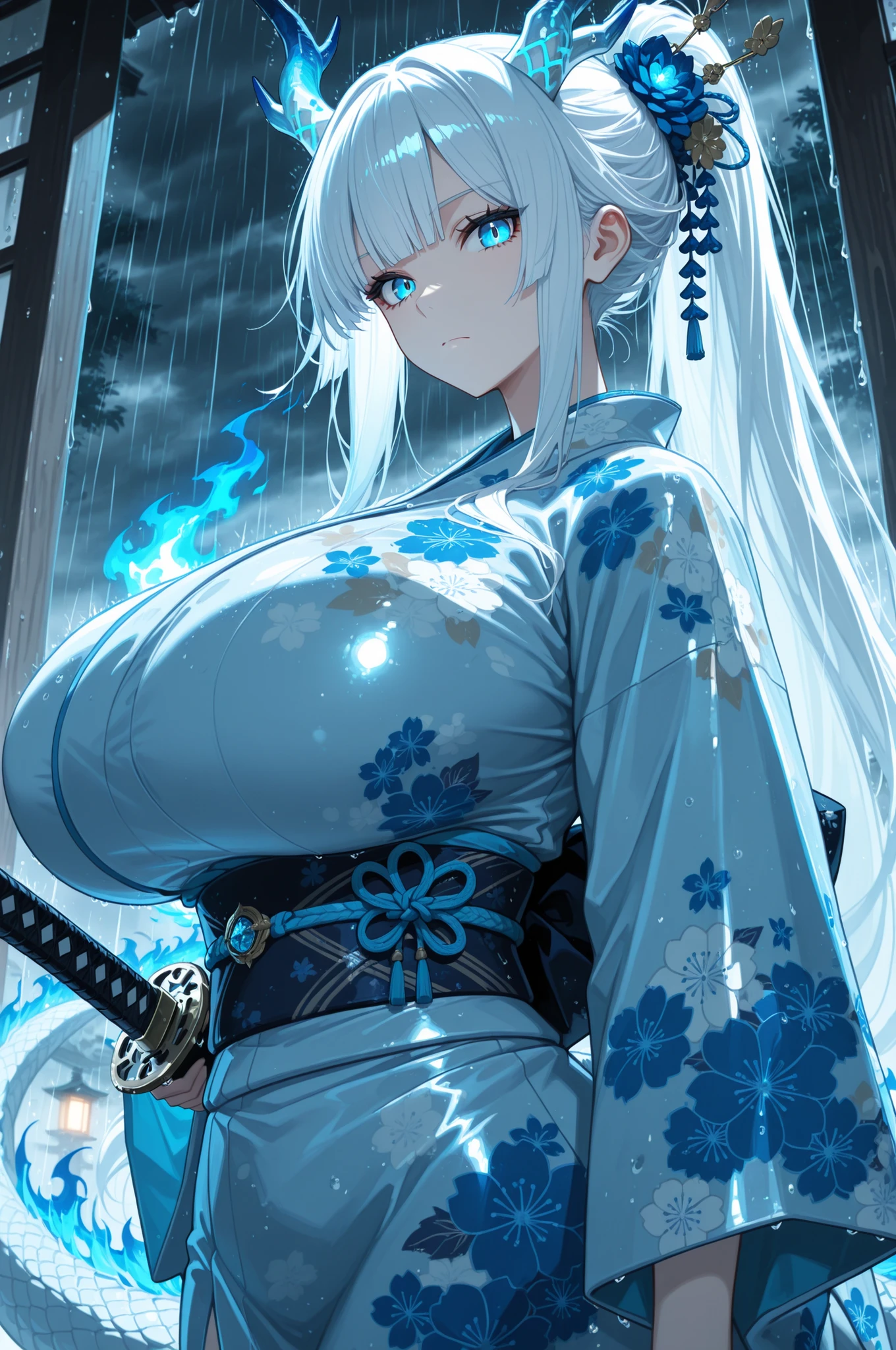 masterpiece,best quality,1girl,solo,absurdres,
1girl,weapon,sword,blue eyes,solo,horns,japanese clothes,kimono,tail,katana,ponytail,white hair,looking at viewer,rain,bangs,hair ornament,glowing,sash,dragon girl,long sleeves,floral print,dragon tail,closed mouth,obi,blue fire,long hair,dragon horns,wide sleeves,
upper body, gigantic breasts