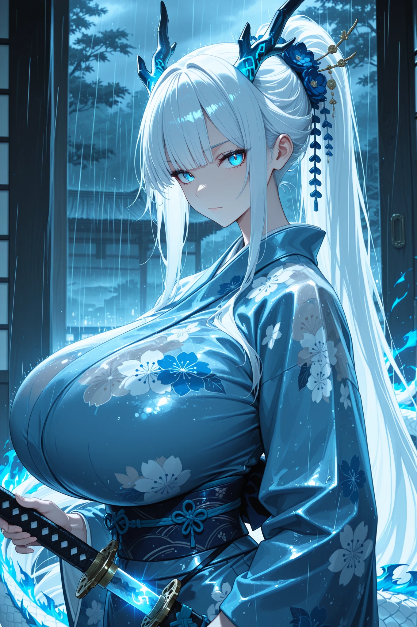 masterpiece,best quality,1girl,solo,absurdres,
1girl,weapon,sword,blue eyes,solo,horns,japanese clothes,kimono,tail,katana,ponytail,white hair,looking at viewer,rain,bangs,hair ornament,glowing,sash,dragon girl,long sleeves,floral print,dragon tail,closed mouth,obi,blue fire,long hair,dragon horns,wide sleeves,
upper body, gigantic breasts